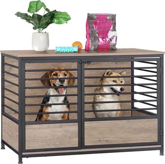 Dog Crate Furniture,  Wooden Heavy Duty Dog Cage Side End Table, Indoor Dog Kennel, Decorative Style Steel Tube Structure Pet Crate House for Large/Medium/Small Dog,Light Oak