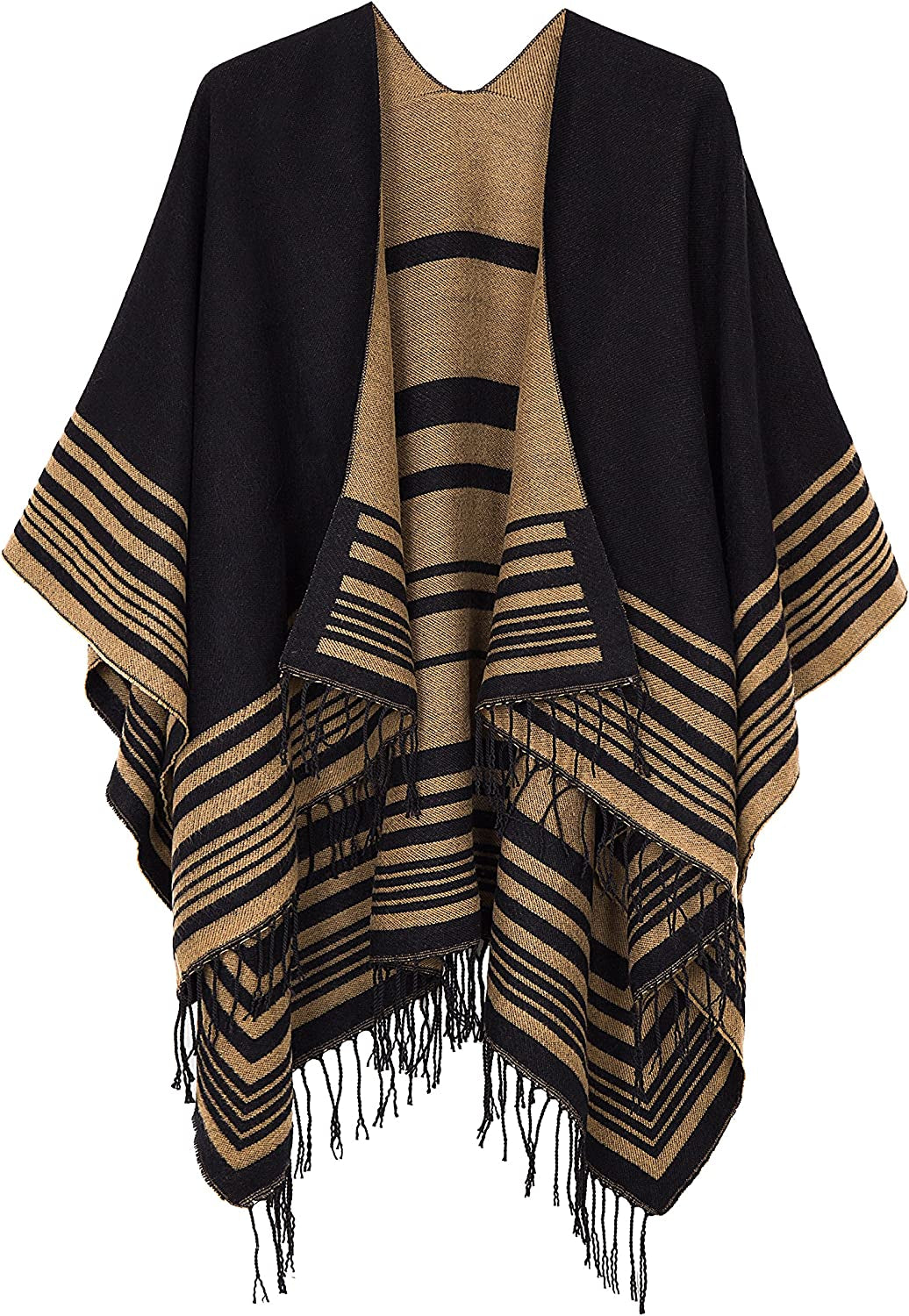 Women'S Printed Tassel Open Front Poncho Cape Wrap Shawl