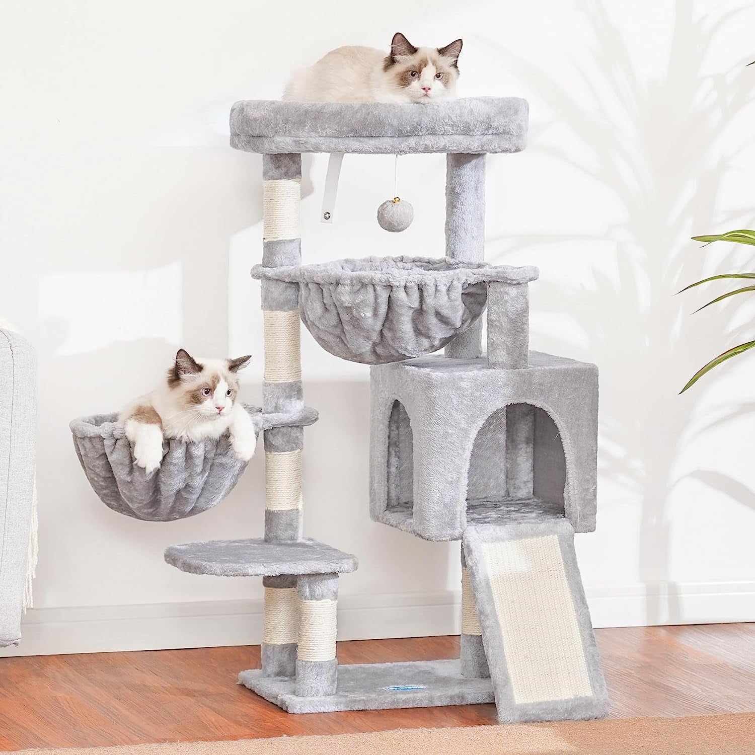 Cat Tree, Cat Tower for Indoor Cats, Cat House with Large Padded Bed, Cozy Condo, Hammocks, Sisal Scratching Posts, Big Scratcher, Light Gray MPJ006SW
