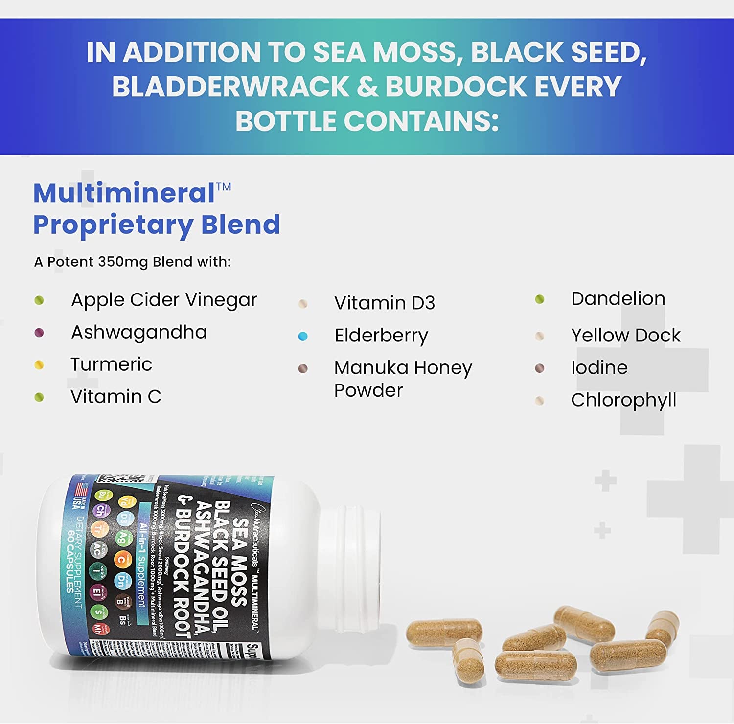 Sea Moss 3000Mg Black Seed Oil 2000Mg Ashwagandha 1000Mg Turmeric 1000Mg Bladderwrack 1000Mg Burdock 1000Mg & Vitamin C & D3 with Elderberry Manuka Dandelion Yellow Dock Iodine Chlorophyll ACV