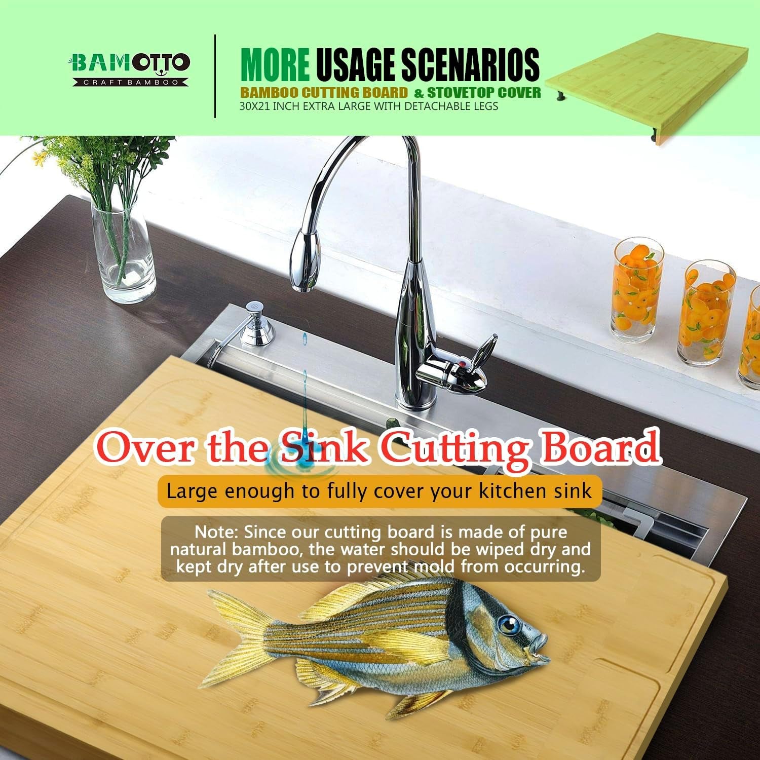 30 X 21 in Extra Large Bamboo Cutting Board and Stovetop Cover, Stove Top Cover Chopping Board with Detachable Legs and Juice Groove, Protector Board for Restaurant Kitchen Counter & Sink