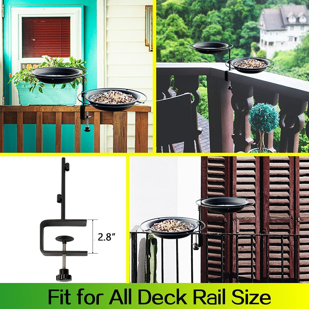 Urban Apartment Deck Rail Bird Feeder & Bird Bath, Balcony Platform Removable Metal Tray 8" Dia, Not Blowing Away, Adjustable Clamp Bracket #G-B124A00-US