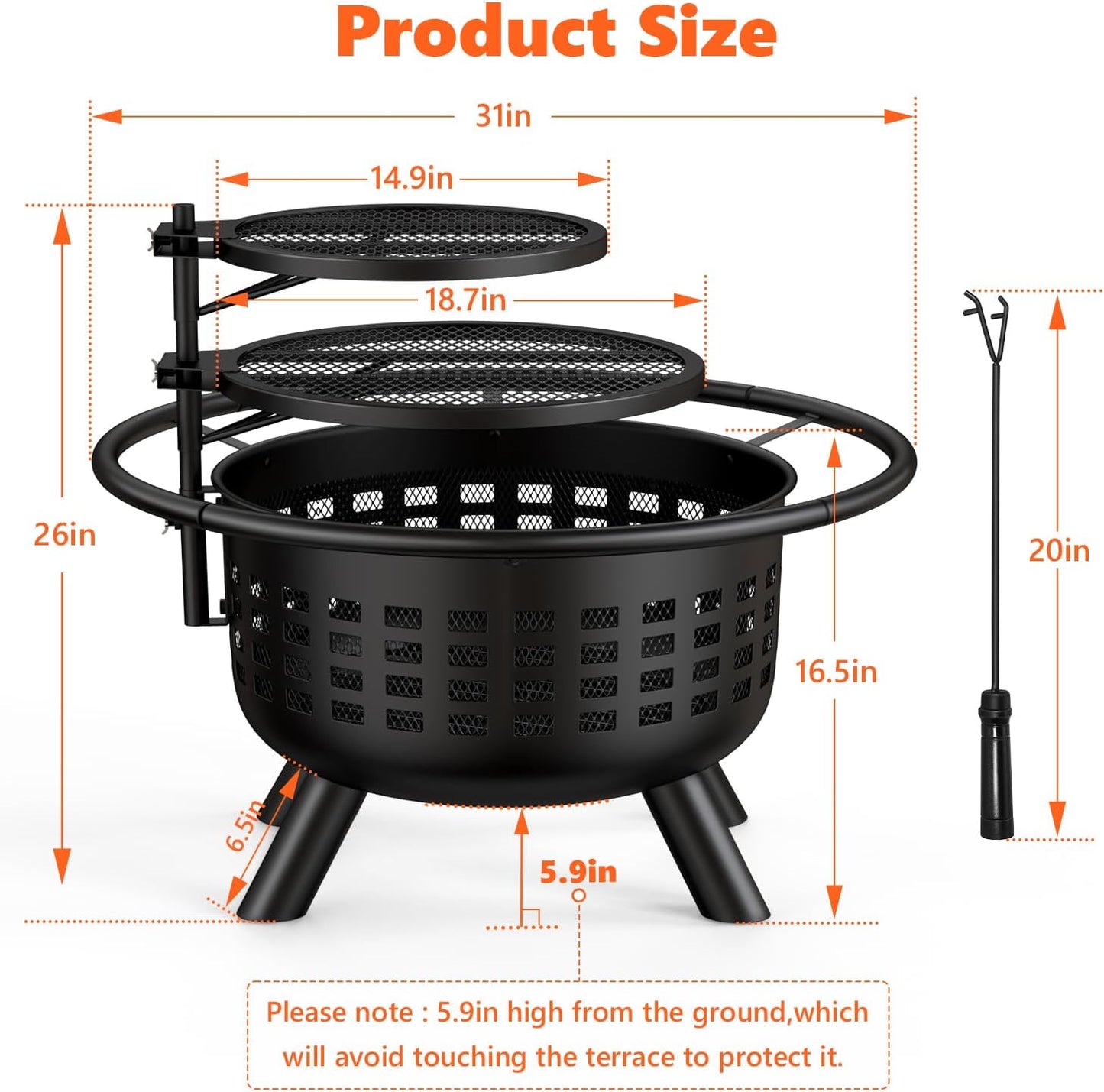 31 Inch Fire Pit with 2 Grills, Outdoor Wood Burning Firepit for outside Large Steel Firepit Bowl with Steel BBQ Grill Cooking Grates, Cover for Garden Patio Backyard Picnic Camping