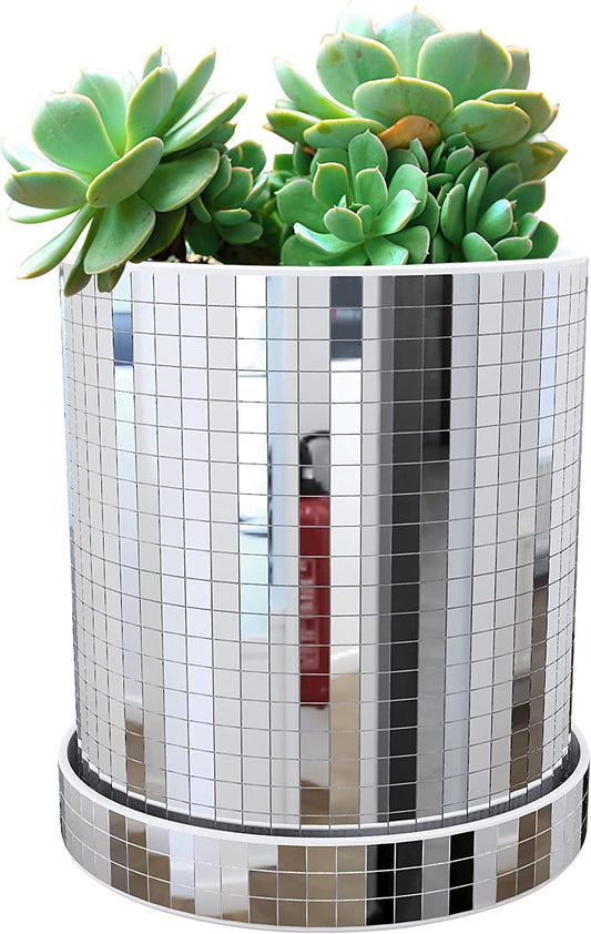 Disco Cylindrical Planter Pot,4.5*4.8 Inch Mirror Disco Cylindrical Vase, Modern Disco Plastic Planter Pot with Drainage Hole and Saucers for Indoor Outdoor Plants (Silver)