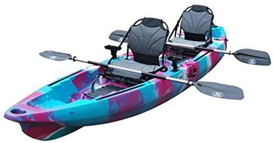BKC TK122U 12' 6" Tandem 2 or 3 Person Sit on Top Fishing Kayak W/Upright Aluminum Frame Seats, 2 Paddles and 4 Fishing Rod Holders Included