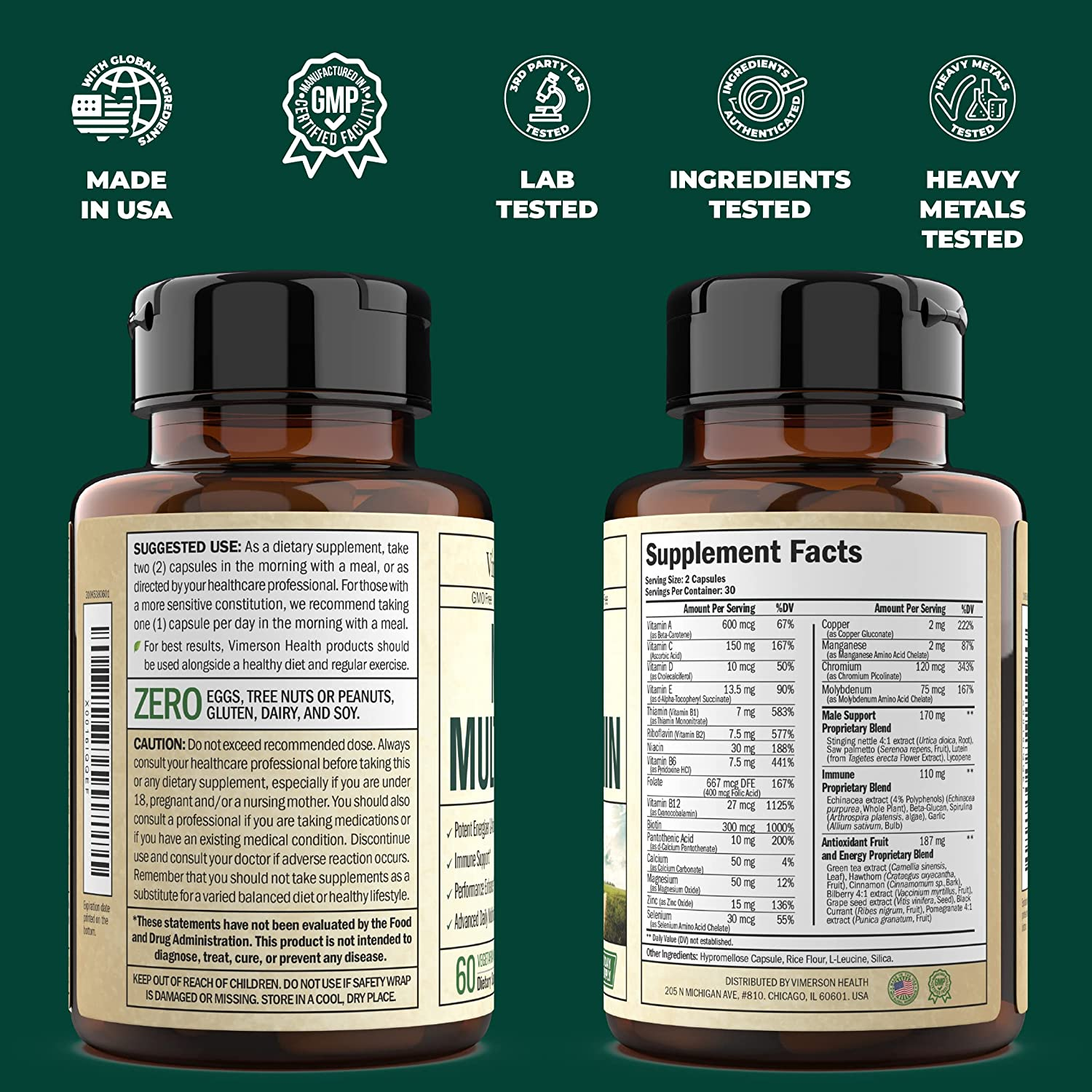 Men'S Daily Multimineral Multivitamin Supplement - Vitamins A, C, E, D, B1, B2, B3, B5, B6, B12. Magnesium, Biotin, Spirulina, Zinc. Complete Antioxidant, Energy & Immune Support. 60 Capsules