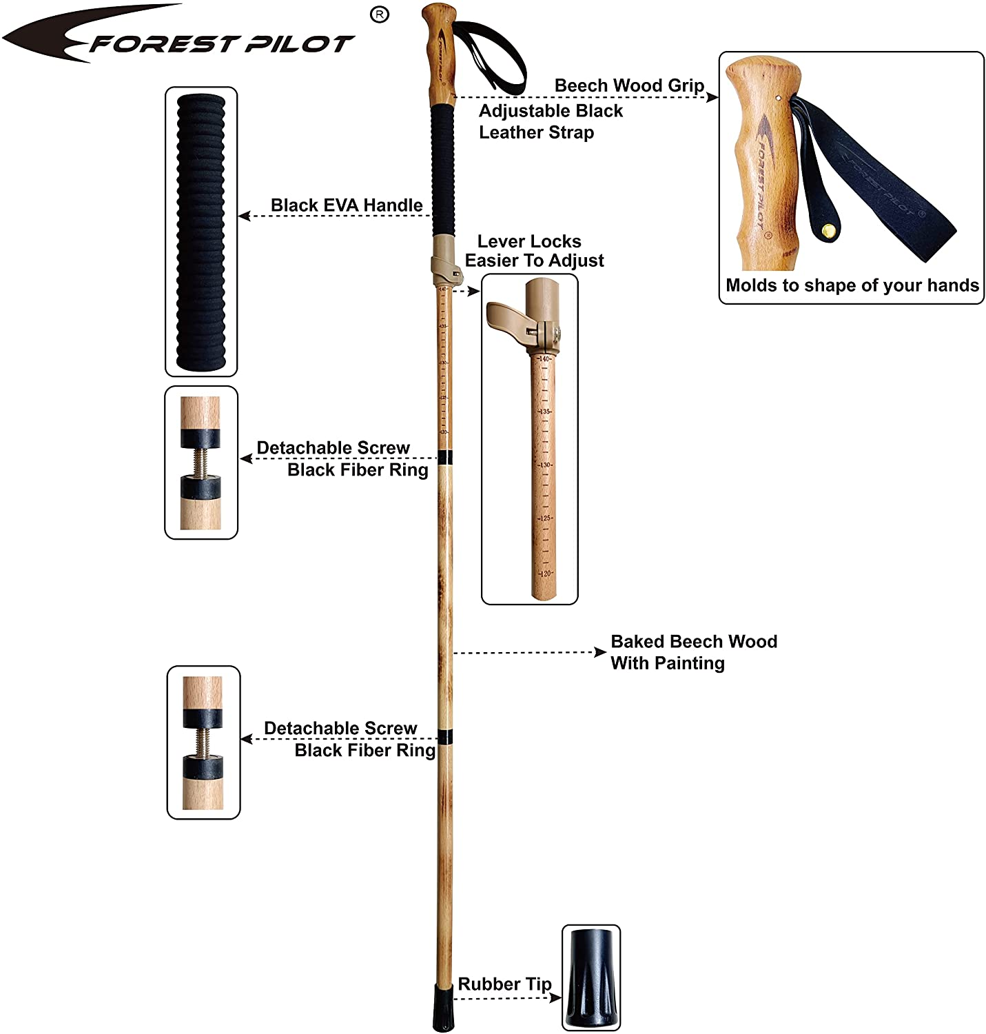 FOREST PILOT Trekking Poles- 1-Pc Pack - Adjustable Hiking or Walking Stick –Strong, Natural Beech Wood - Quick Adjust Flip-Lock - Beech Wood Grip, Leather Strap