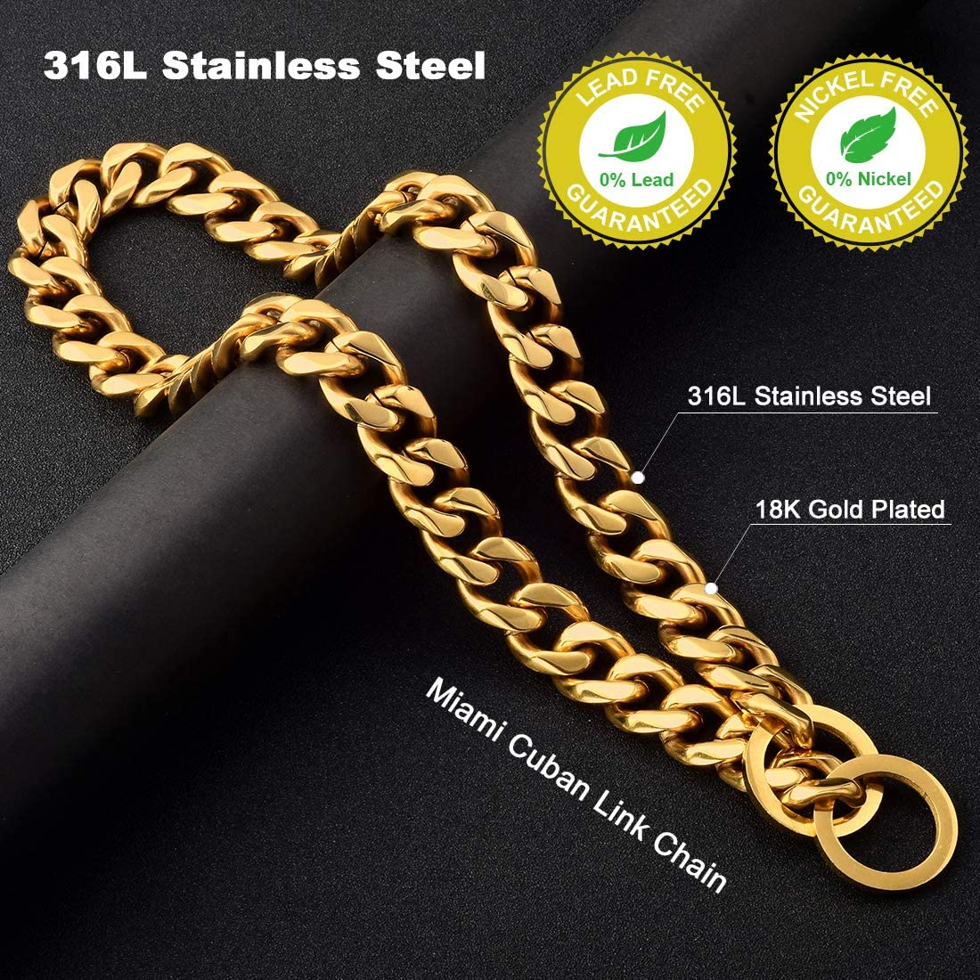 Dog Chain Collar Walking Metal Chain Collar Heavy Duty Chew Proof 19MM 14K Gold Plated Stainless Steel Link Chain(19Mm, 26")