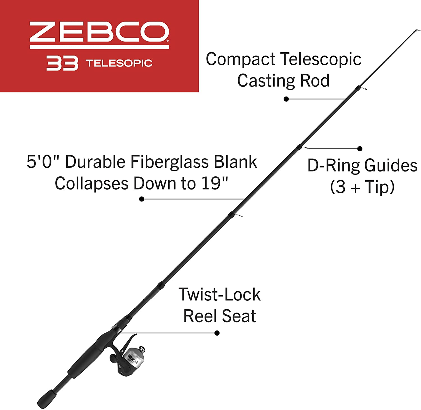 Zebco 33 Spinning Reel and Telescopic Fishing Rod Combo