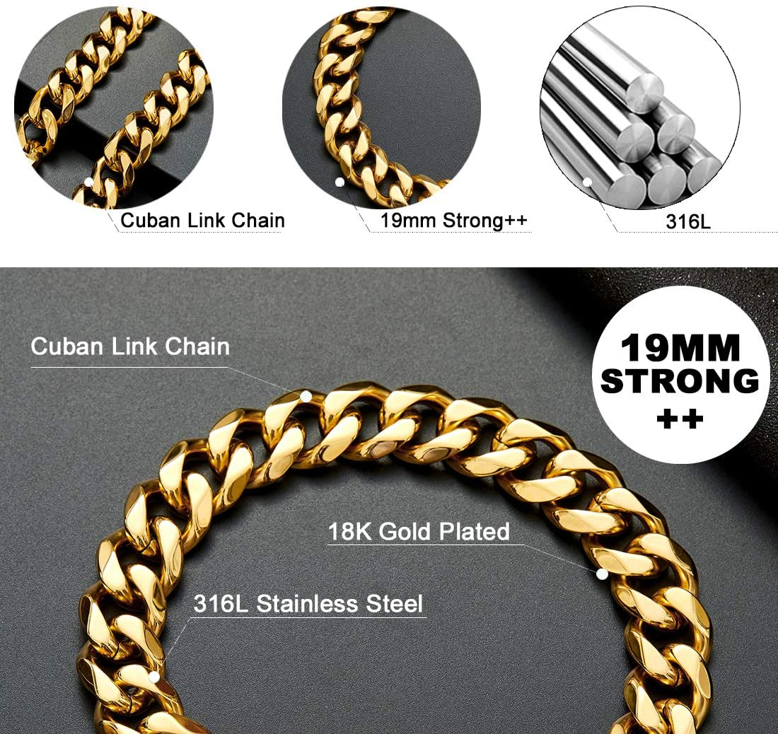 Dog Chain Collar Walking Metal Chain Collar Heavy Duty Chew Proof 19MM 14K Gold Plated Stainless Steel Link Chain(19Mm, 26")