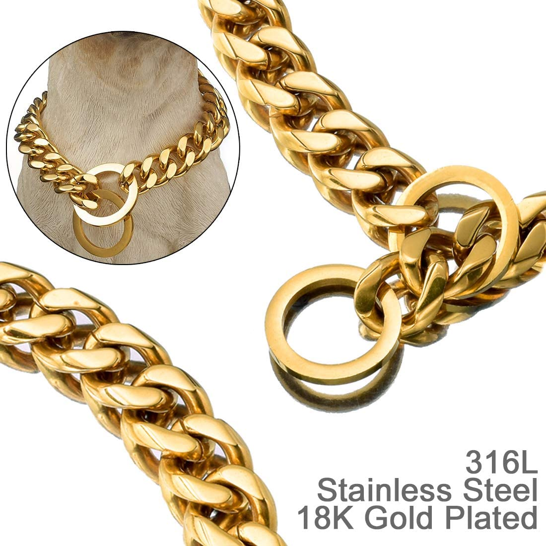 Dog Chain Collar Walking Metal Chain Collar Heavy Duty Chew Proof 19MM 14K Gold Plated Stainless Steel Link Chain(19Mm, 26")