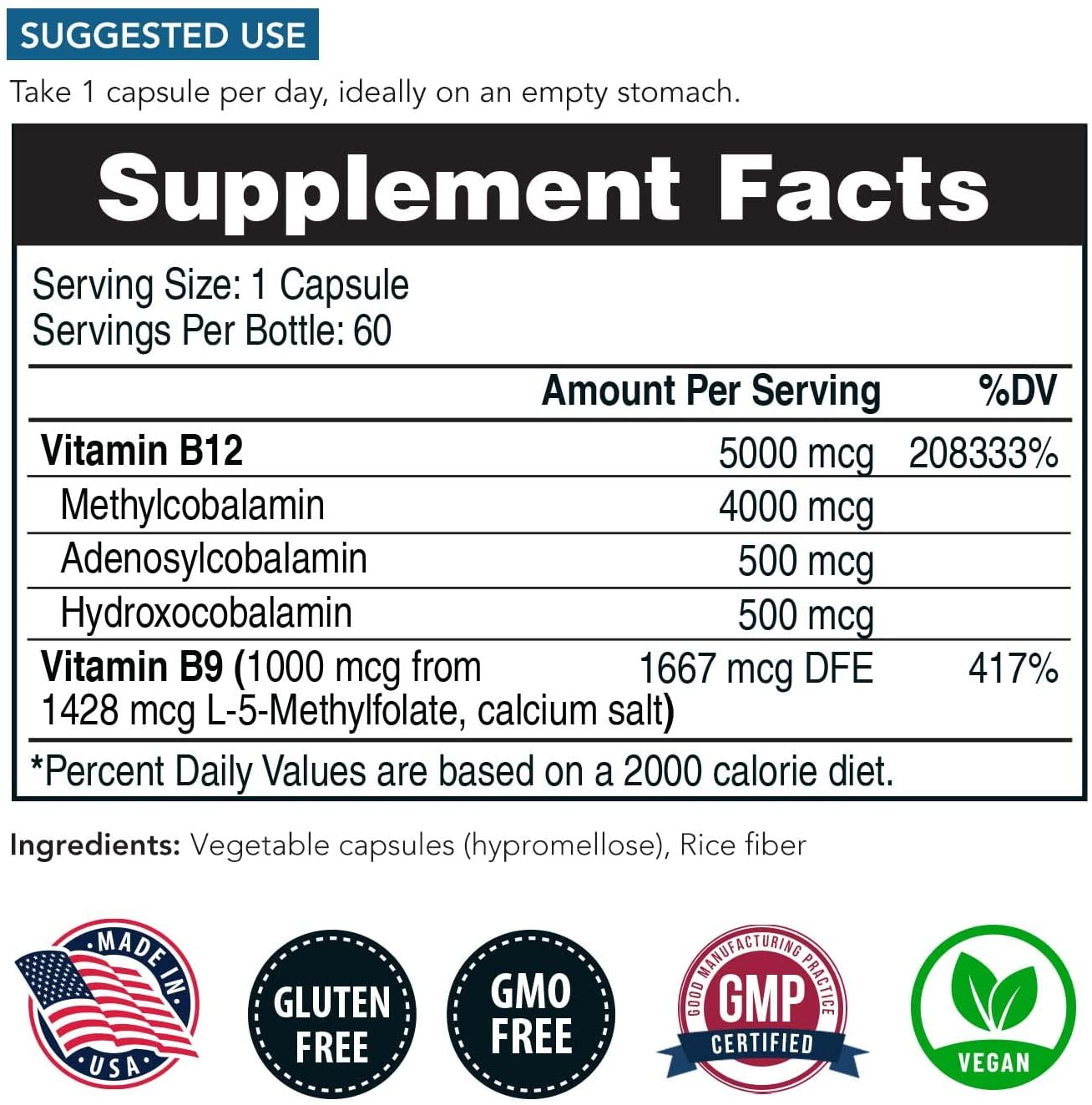 Bioactive Vitamin B12 - 5000 Mcg, Contains 3 Bioactive B12 Forms plus Methylfolate Cofactor - Methyl B12, Adenosyl B12 & Hydroxy B12 | Supports Energy, Metabolism & Mood | Vegan, Non-Gmo (60 Servings)