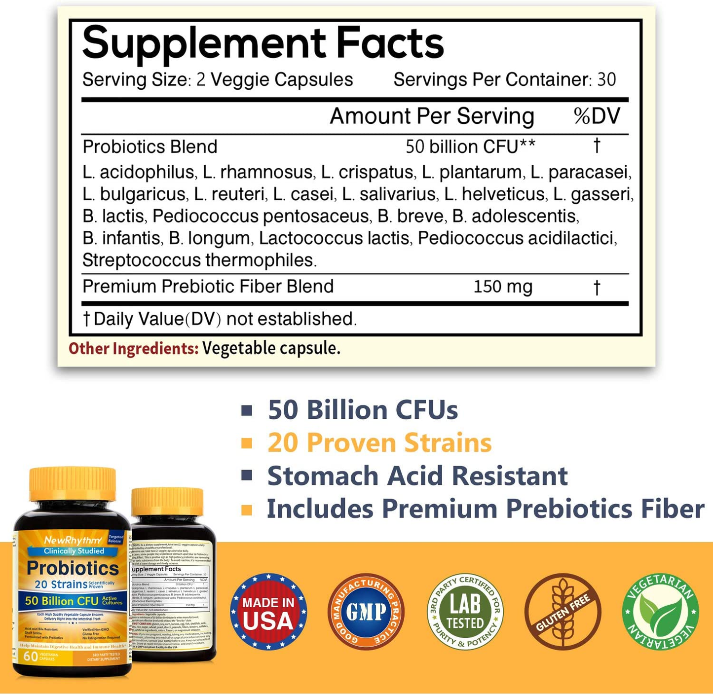 Probiotics 50 Billion CFU 20 Strains, 60 Veggie Capsules, Targeted Release Technology, Stomach Acid Resistant, No Need for Refrigeration, Non-Gmo, Gluten Free