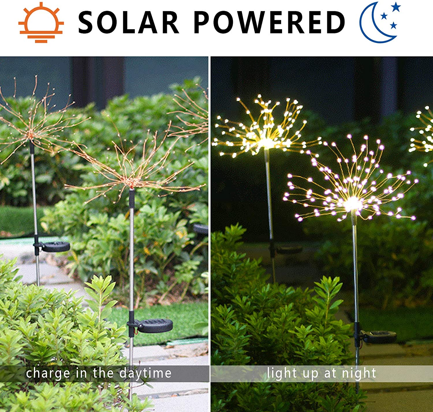 2 PCS Solar Firework Light, Outdoor Solar Garden Decorative Lights 120 LED Powered 40 Copper Wires String DIY Landscape Light for Walkway Pathway Backyard Christmas Decoration Parties (Warm White)