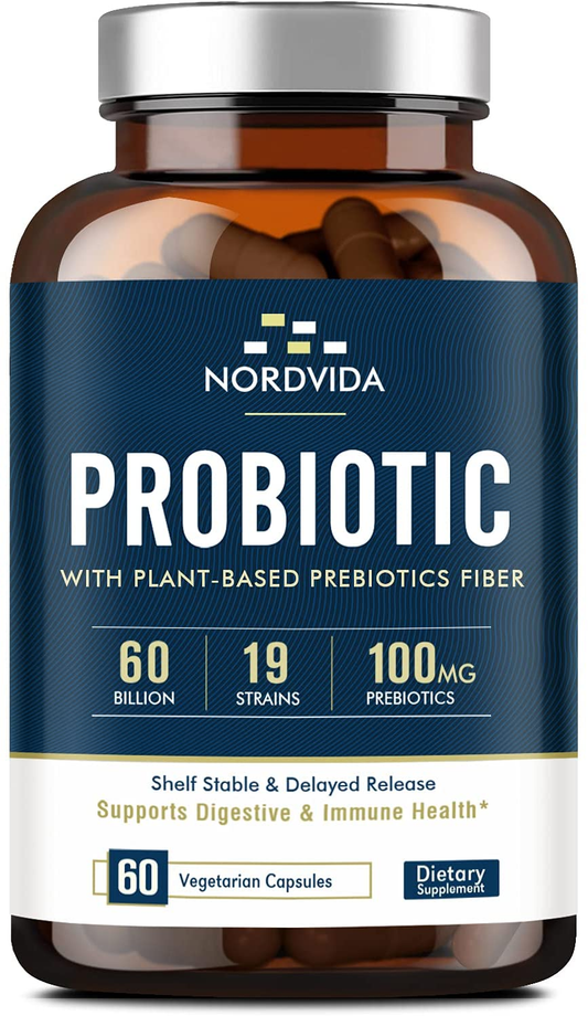 Probiotics 60 Billion CFU 19 Strains with Organic Prebiotic for Men & Women, Shelf Stable Delayed Release, No Need for Refrigeration, Digestive & Immune Health, Vegan, Non-Gmo, No Soy Dairy, 60 Caps