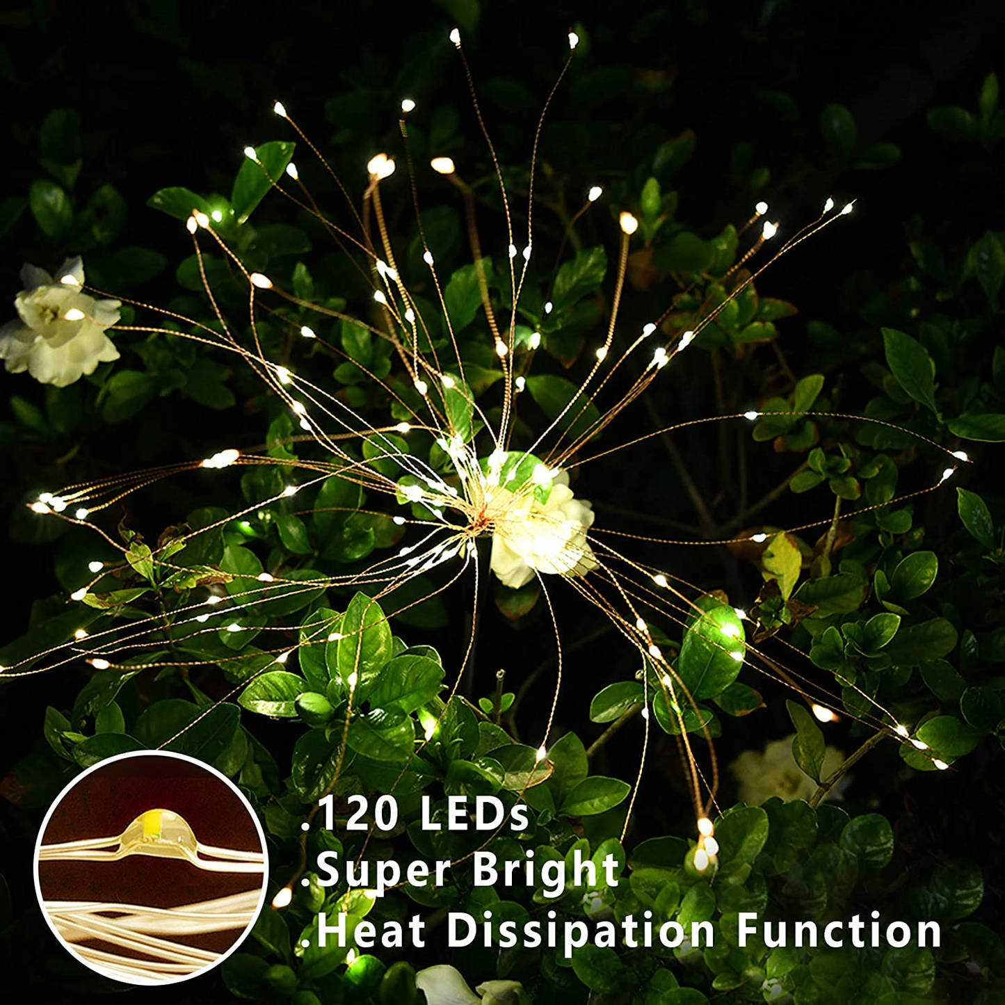 2 PCS Solar Firework Light, Outdoor Solar Garden Decorative Lights 120 LED Powered 40 Copper Wires String DIY Landscape Light for Walkway Pathway Backyard Christmas Decoration Parties (Warm White)