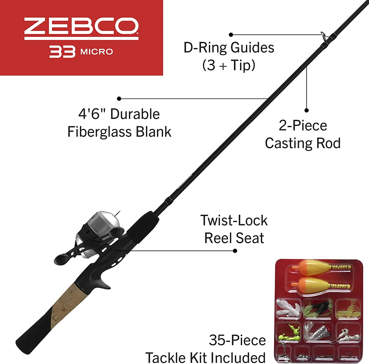 Zebco 33 Micro Spincast Reel and 2-Piece Fishing Rod Combo, 4.5-Foot Rod with Bonus Tackle Pack, Quickset Anti-Reverse Fishing Reel with Bite Alert