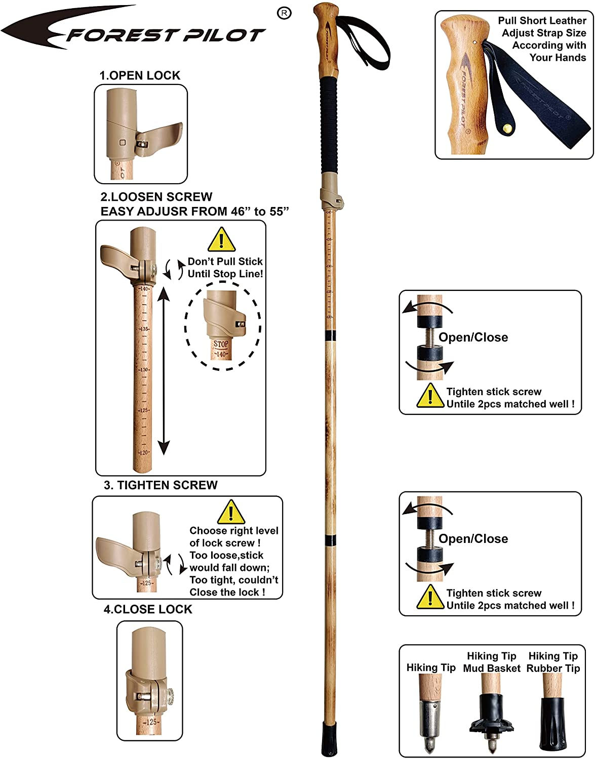 FOREST PILOT Trekking Poles- 1-Pc Pack - Adjustable Hiking or Walking Stick –Strong, Natural Beech Wood - Quick Adjust Flip-Lock - Beech Wood Grip, Leather Strap