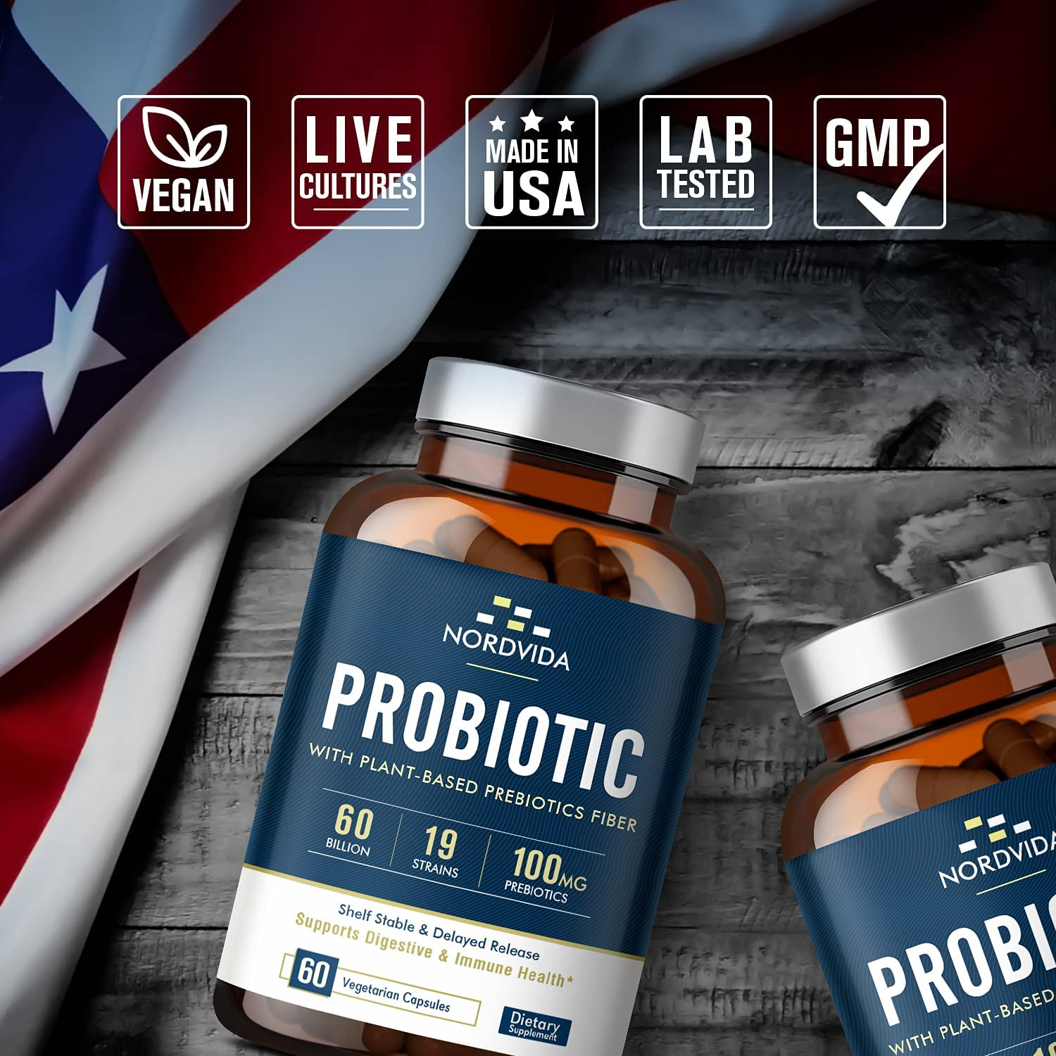 Probiotics 60 Billion CFU 19 Strains with Organic Prebiotic for Men & Women, Shelf Stable Delayed Release, No Need for Refrigeration, Digestive & Immune Health, Vegan, Non-Gmo, No Soy Dairy, 60 Caps