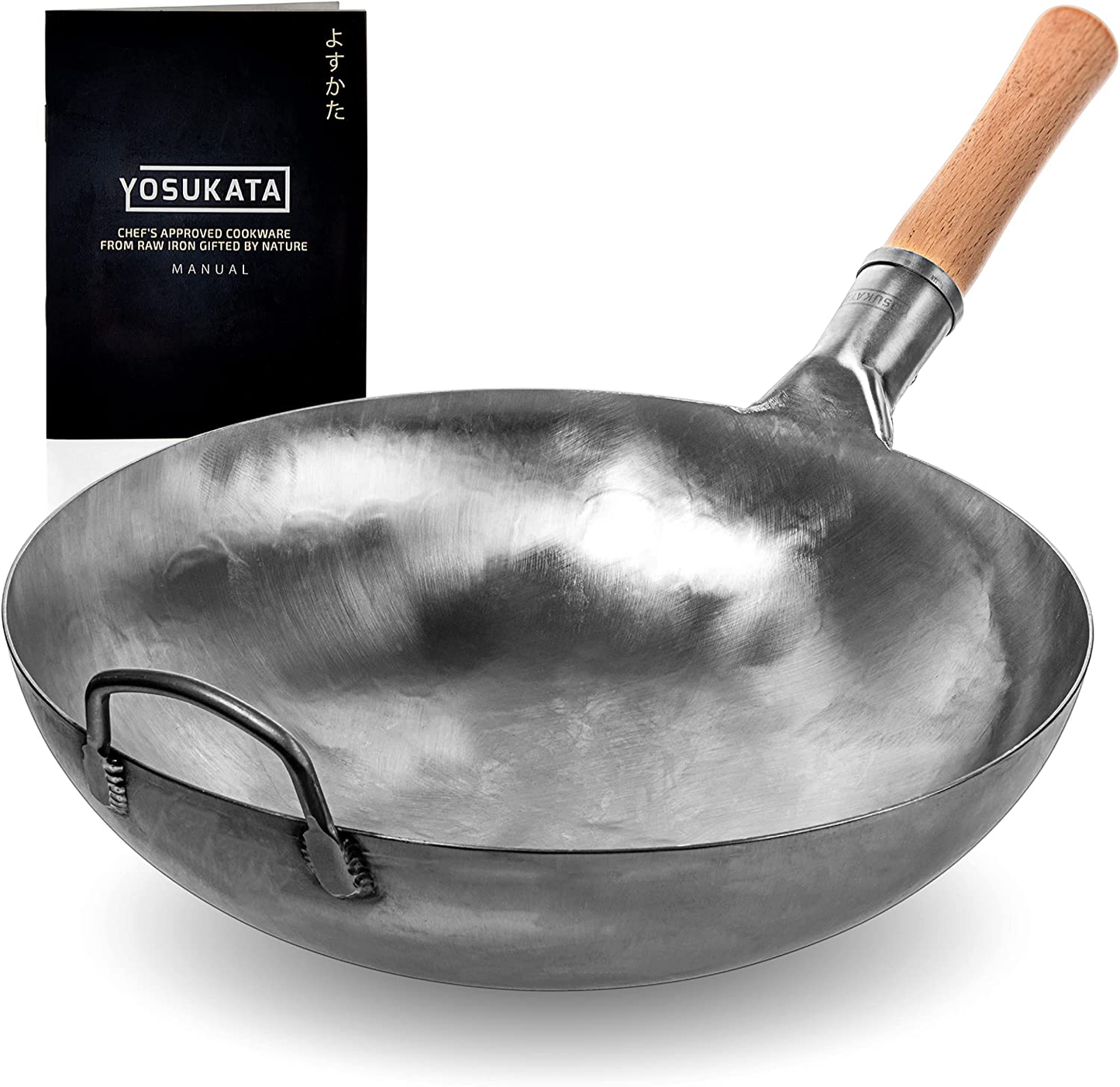 YOSUKATA Silver round Bottom Wok Pan – 14" Woks and Stir Fry Pans - Chinese Hammered Pow Wok Carbon Steel Wok - Traditional Chinese Japanese Woks - Carbon Steel Cooking Wok (14", Silver)