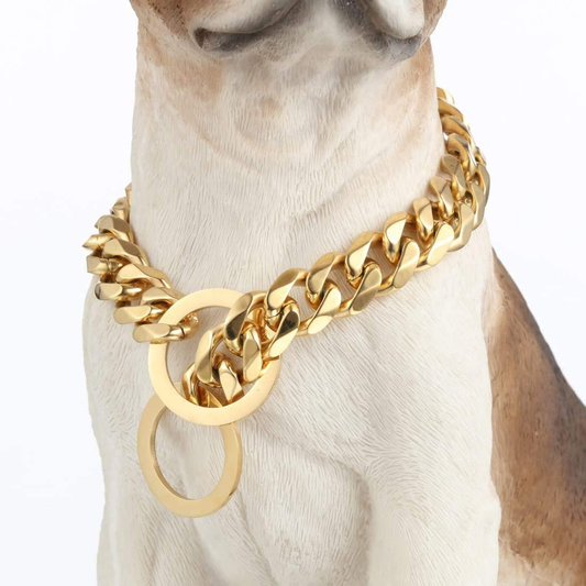 Dog Chain Collar Walking Metal Chain Collar Heavy Duty Chew Proof 19MM 14K Gold Plated Stainless Steel Link Chain(19Mm, 26")