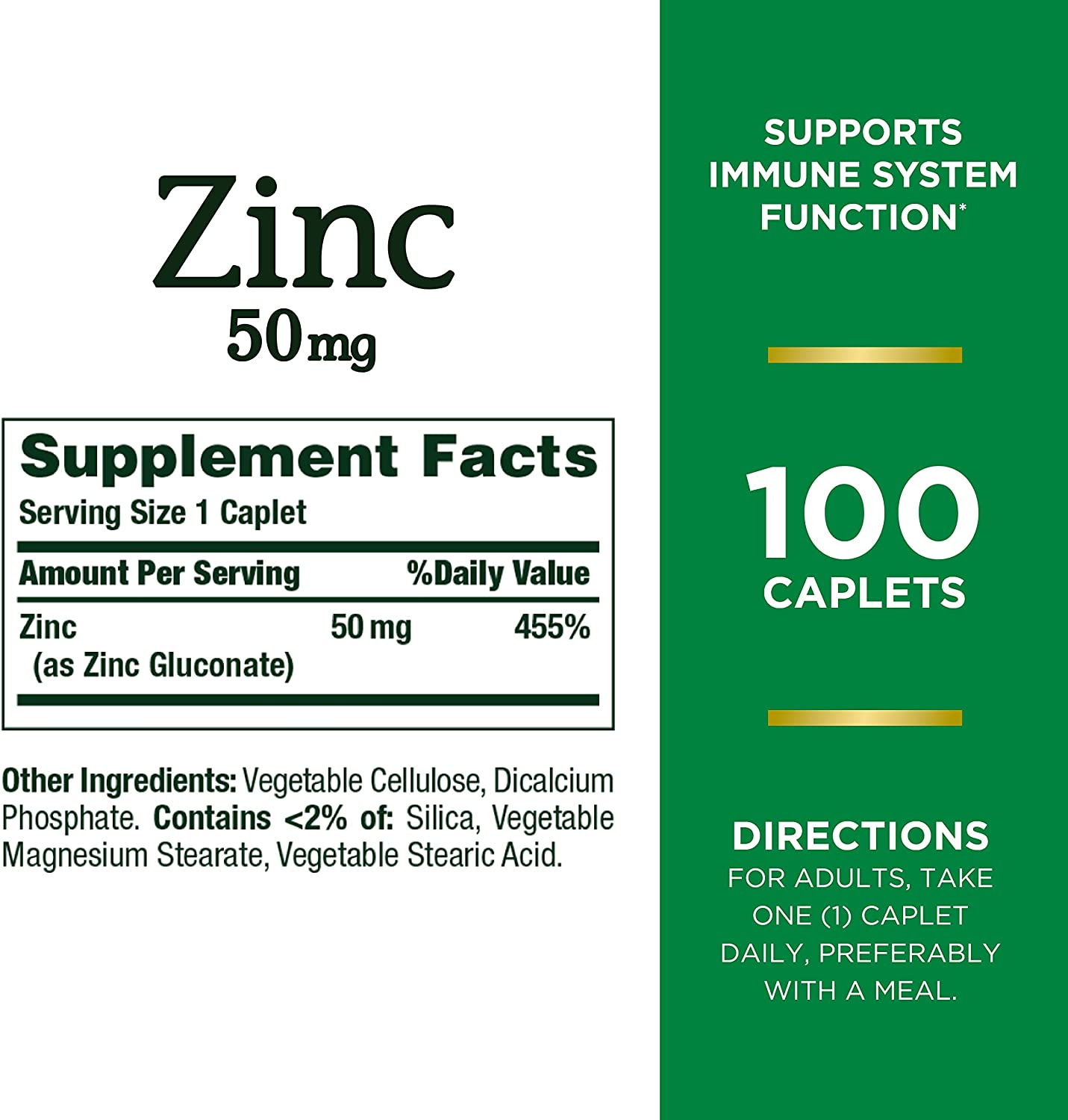 Zinc, Immune Support, 50 Mg, Caplets, 100 Ct