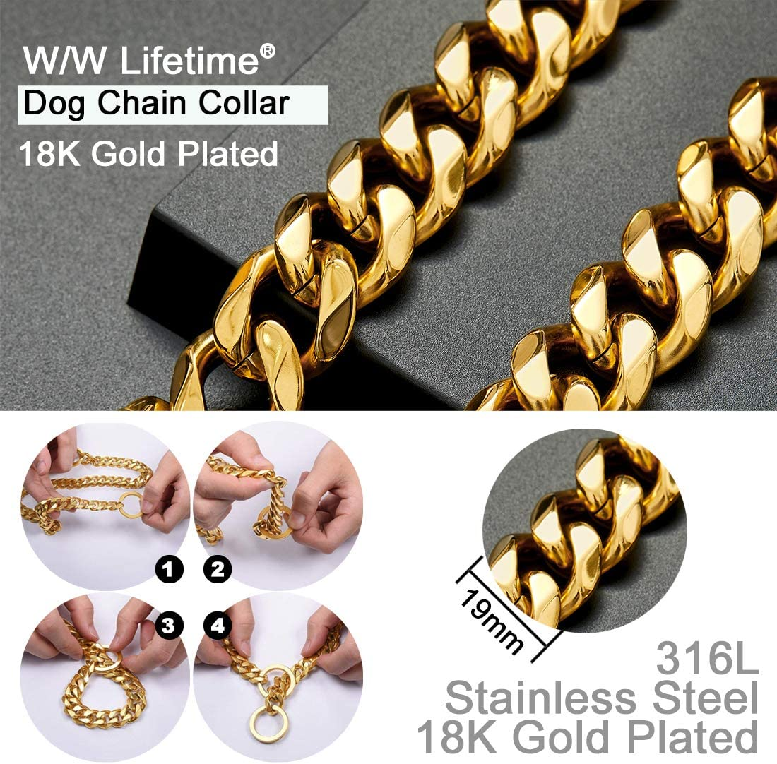 Dog Chain Collar Walking Metal Chain Collar Heavy Duty Chew Proof 19MM 14K Gold Plated Stainless Steel Link Chain(19Mm, 26")