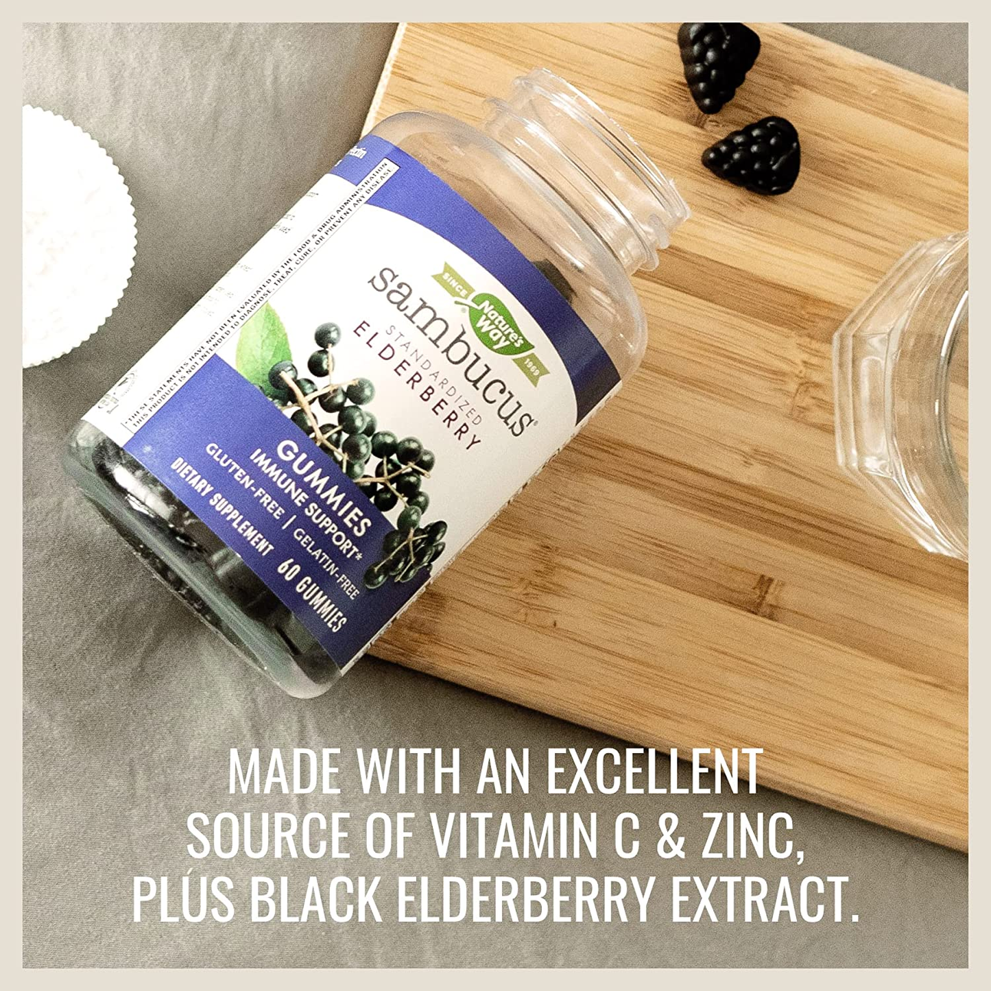 Sambucus Black Elderberry Gummies with Vitamin C and Zinc for Adult, Immune Support*, 3200 Mg, 60 Count