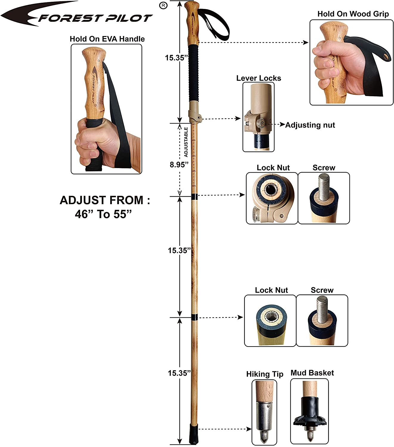 FOREST PILOT Trekking Poles- 1-Pc Pack - Adjustable Hiking or Walking Stick –Strong, Natural Beech Wood - Quick Adjust Flip-Lock - Beech Wood Grip, Leather Strap