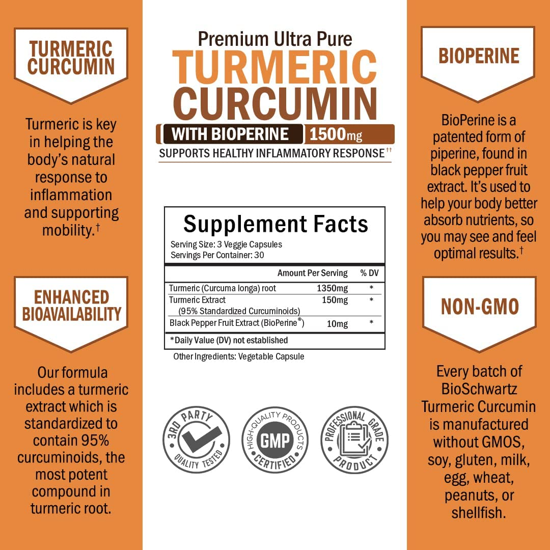 Turmeric Curcumin with Bioperine 1500Mg - Natural Joint & Healthy Inflammatory Support with 95% Standardized Curcuminoids for Potency & Absorption - Non-Gmo, Gluten Free Capsules with Black Pepper.