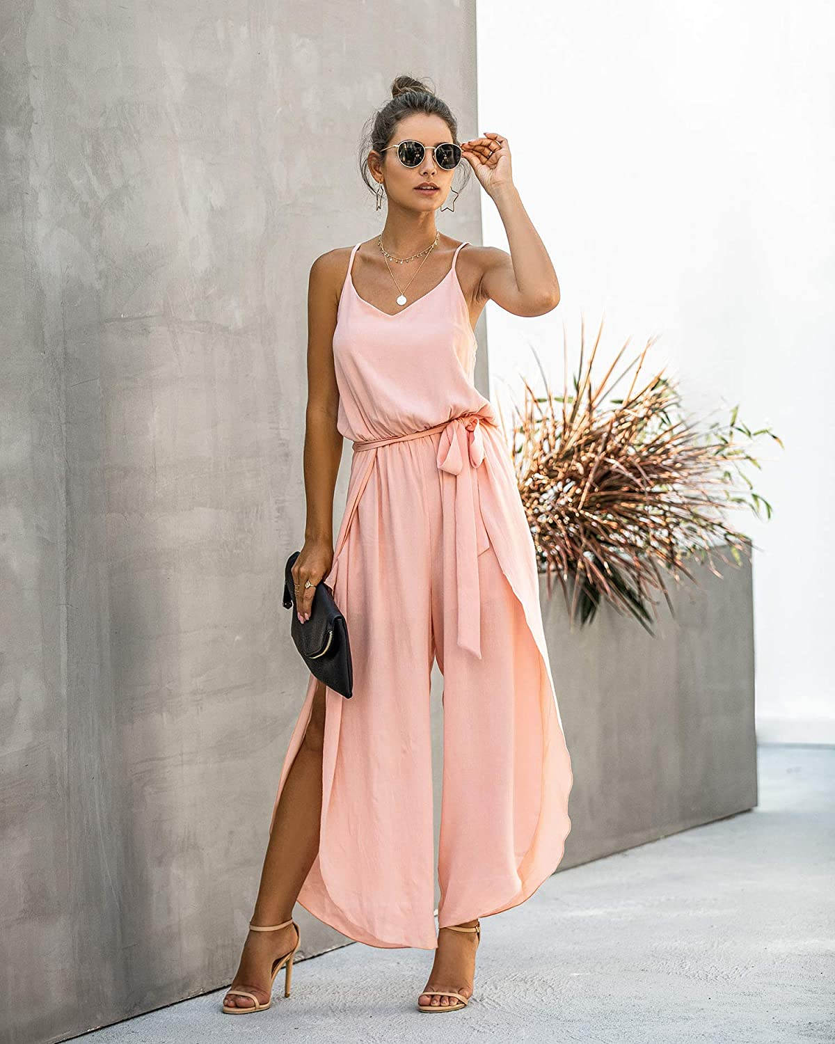 Womens Jumpsuit Spaghetti Strap Wide Leg Split Jumpsuits Long Overalls Summer Beach Loose Fit Rompers