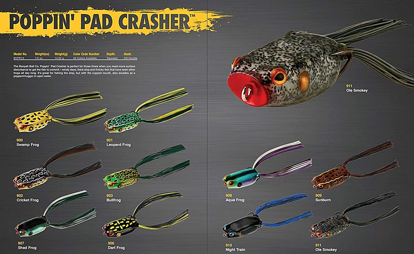 BOOYAH Poppin' Pad Crasher Topwater Bass Fishing Hollow Body Frog Lure with Weedless Hooks