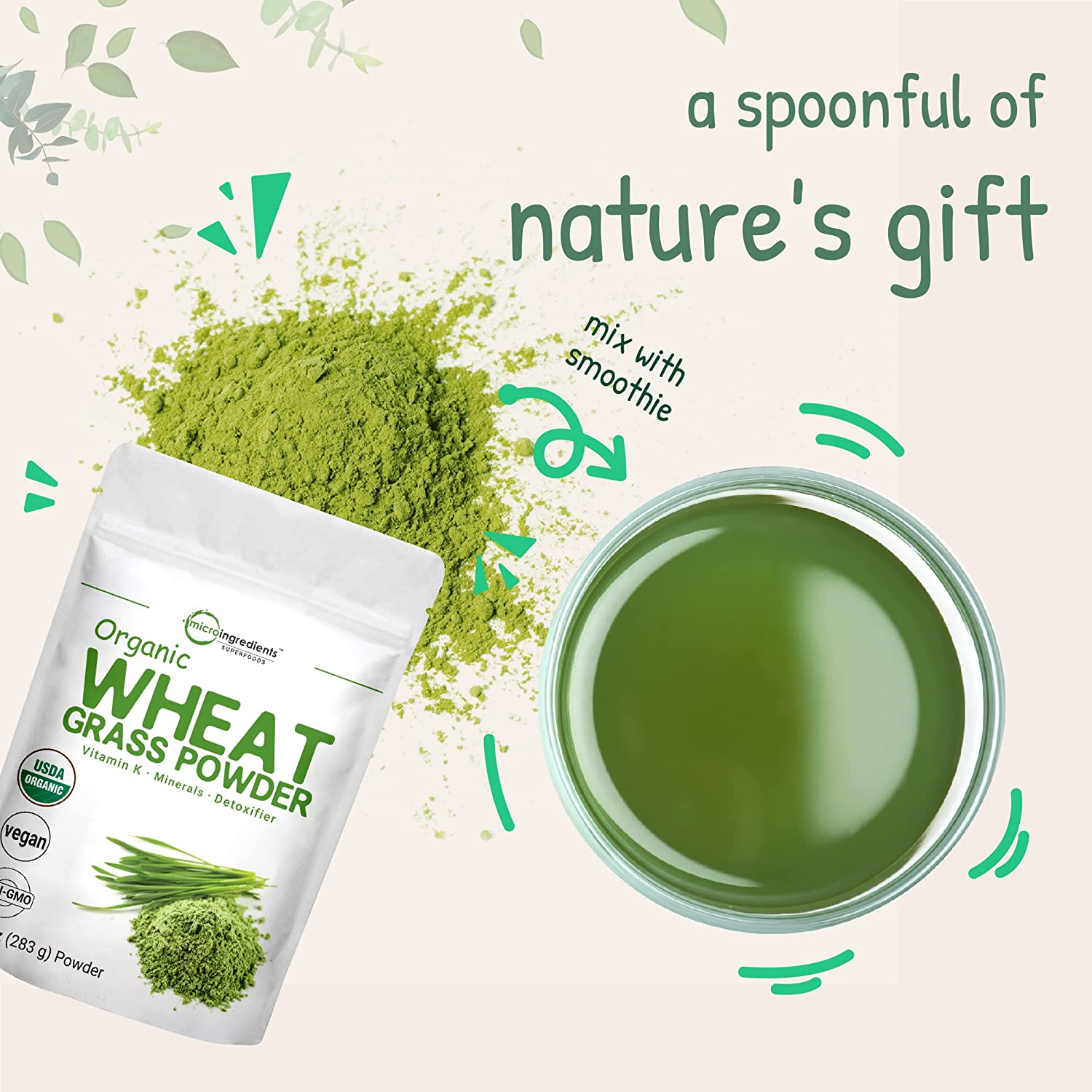 Sustainably US Grown, Organic Wheat Grass Powder (100% Whole-Leaf), 10 Ounce (94 Serving), Rich in Immune Vitamins, Fibers and Minerals, Support Digestion Function, Vegan Friendly