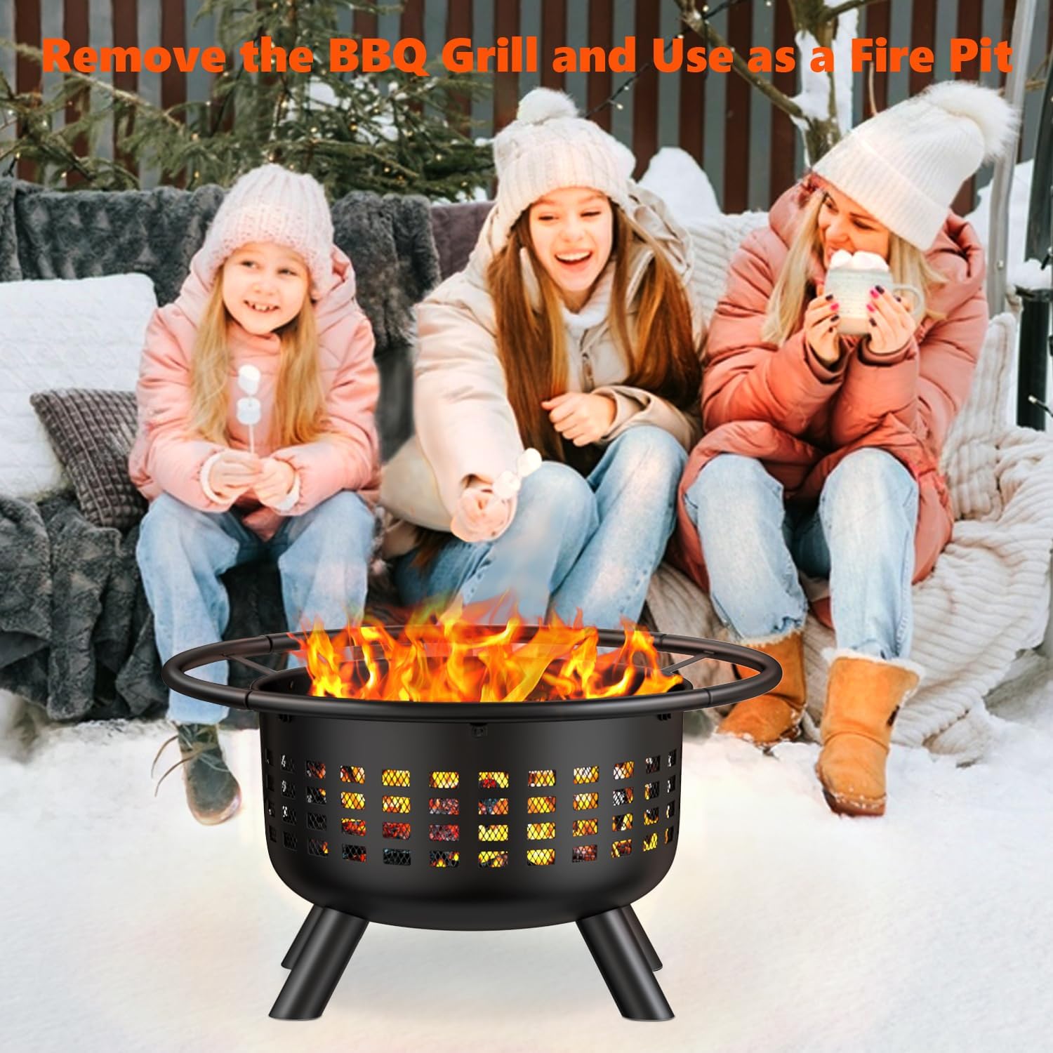 31 Inch Fire Pit with 2 Grills, Outdoor Wood Burning Firepit for outside Large Steel Firepit Bowl with Steel BBQ Grill Cooking Grates, Cover for Garden Patio Backyard Picnic Camping