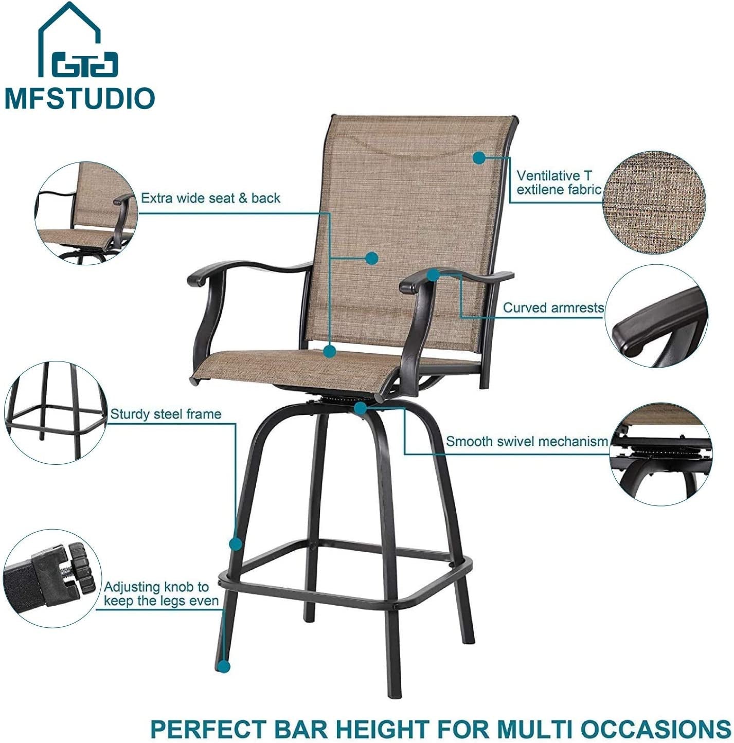 2 PCS Outdoor Swivel Bar Stools, Patio Bar Height Chair Breathable Sling Fabric, All-Weather Resistant, Brown