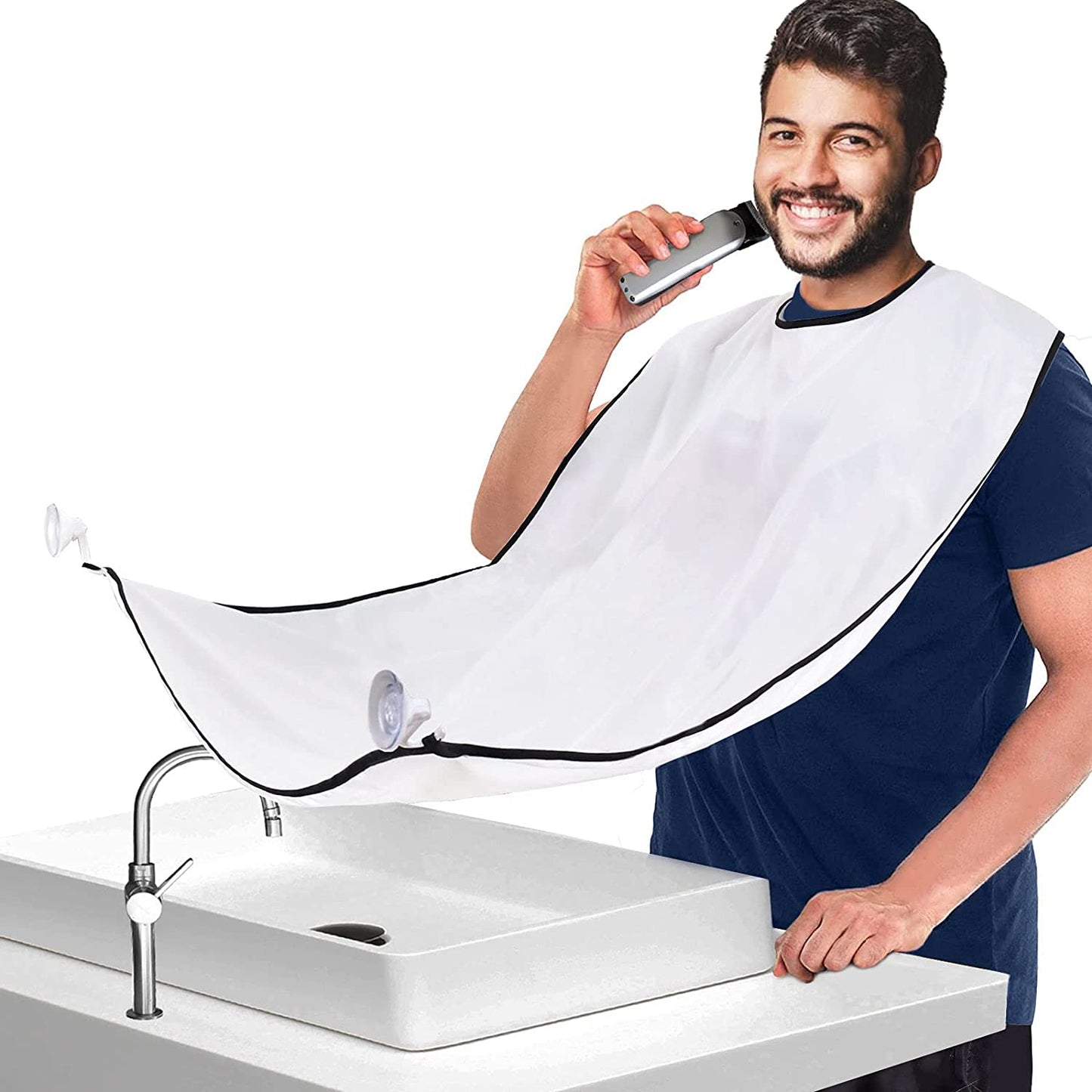 Aksice Beard Trimming Catcher Bib, Beard Hair Catcher for Men Shaving, Non-Stick Beard Apron Cape Grooming Cloth, Waterproof, with 4 Suction Cups, Christmas Gifts for Men - White