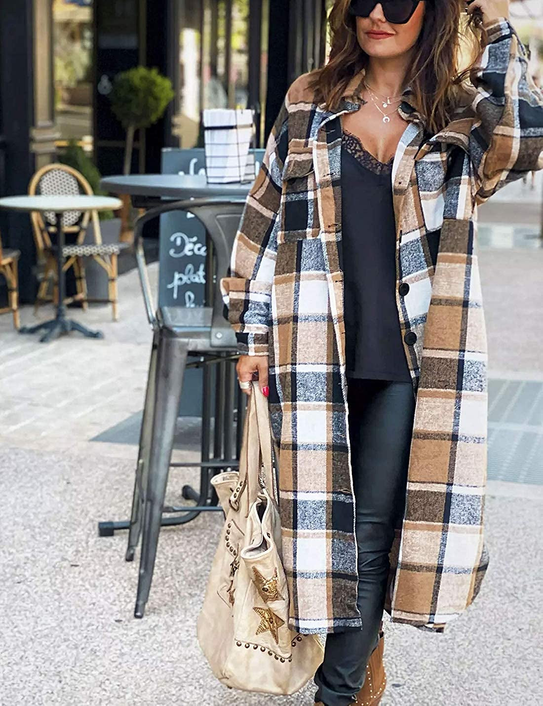 Women'S Lounge Lapel Button up Long Sleeve Plaid Long Shirt Jacket Shacket