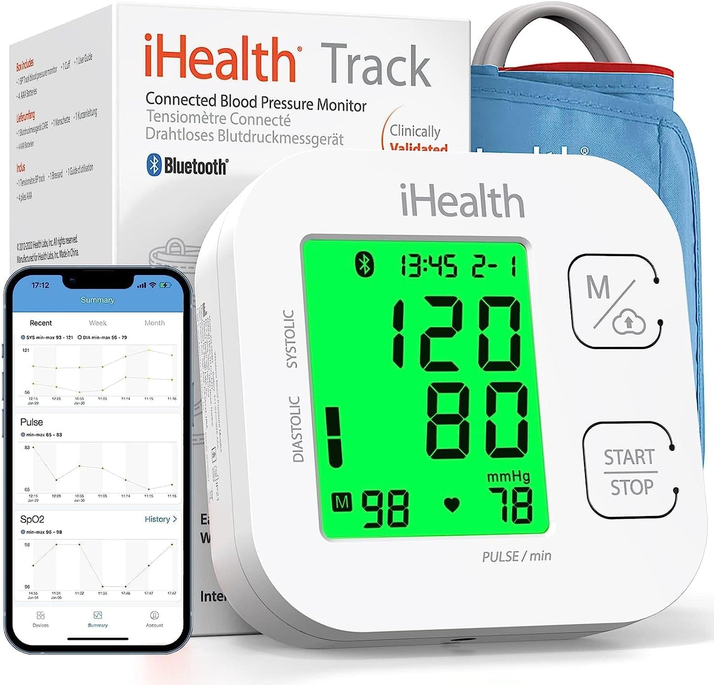 Track Smart Upper Arm Blood Pressure Monitor with Wide Range Cuff That Fits Standard to Large Adult Arms, Bluetooth Compatible for Ios & Android Devices