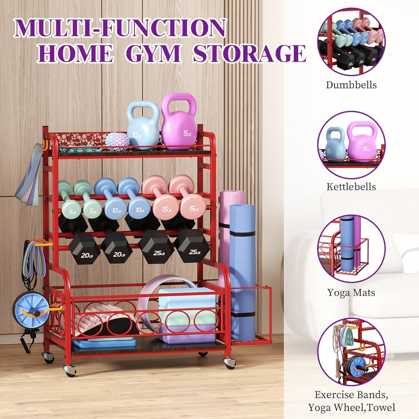 Weight Rack for Dumbbells, Dumbbell Rack Weight Stand,  Home Gym Storage Rack for Yoga Mat Kettlebells and Strength Training Equipment, Weight Storage Holder Rack for Dumbbells with Wheels
