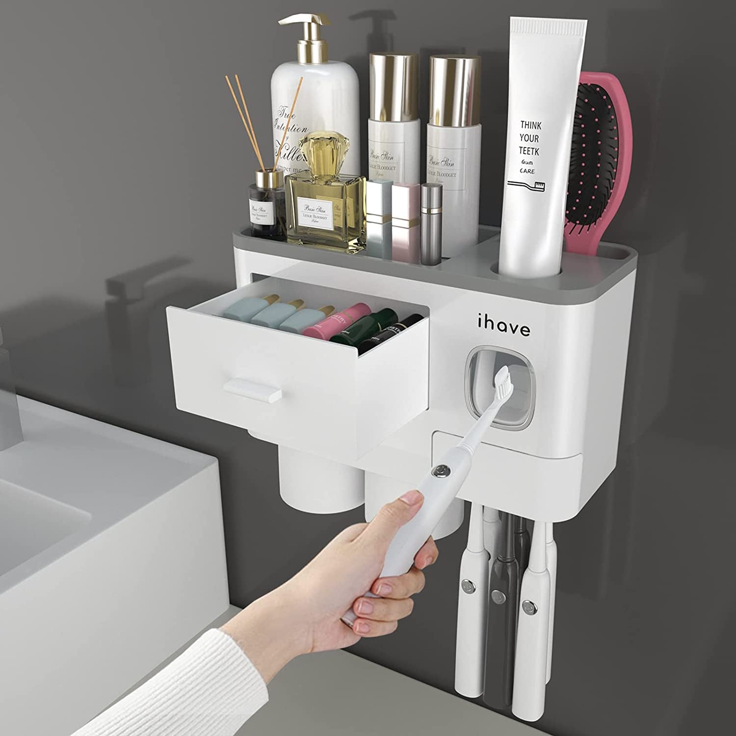 Toothbrush Holders for Bathrooms, 2 Cups Toothbrush Holder Wall Mounted with Toothpaste Dispenser, Large Capacity Tray, Cosmetic Drawer and 6 Brush Slots with Cover Tooth Brush Holder