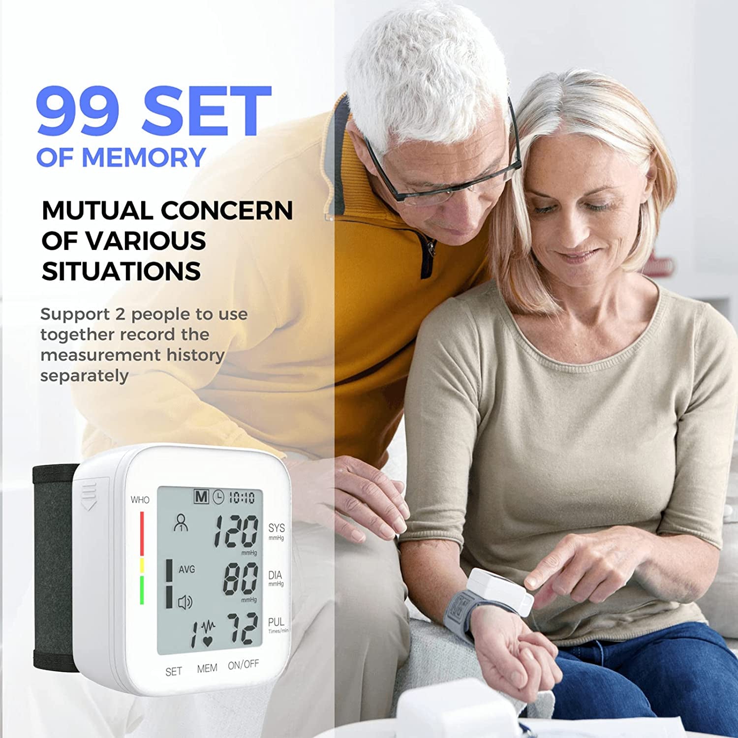 Wrist Blood Pressure Monitor Bp Monitor Large LCD Display Blood Pressure Machine Adjustable Wrist Cuff 5.31-7.68Inch Automatic 99X2 Sets Memory with Carrying Case for Home Use (W1681)