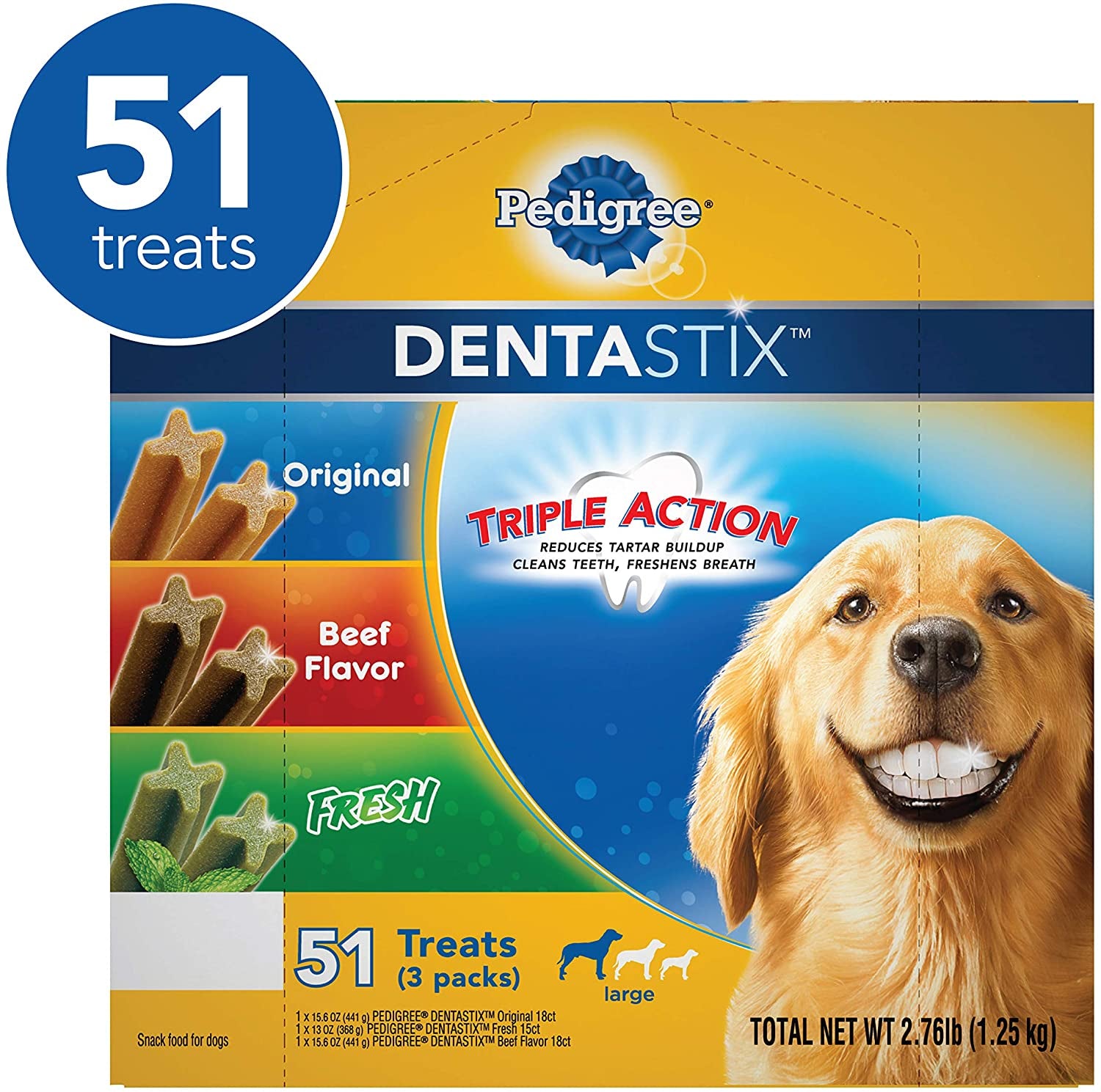 DENTASTIX Large Dog Dental Care Treats Original, Beef & Fresh Variety Pack, 2.73 Lb.Pack (51 Treats)