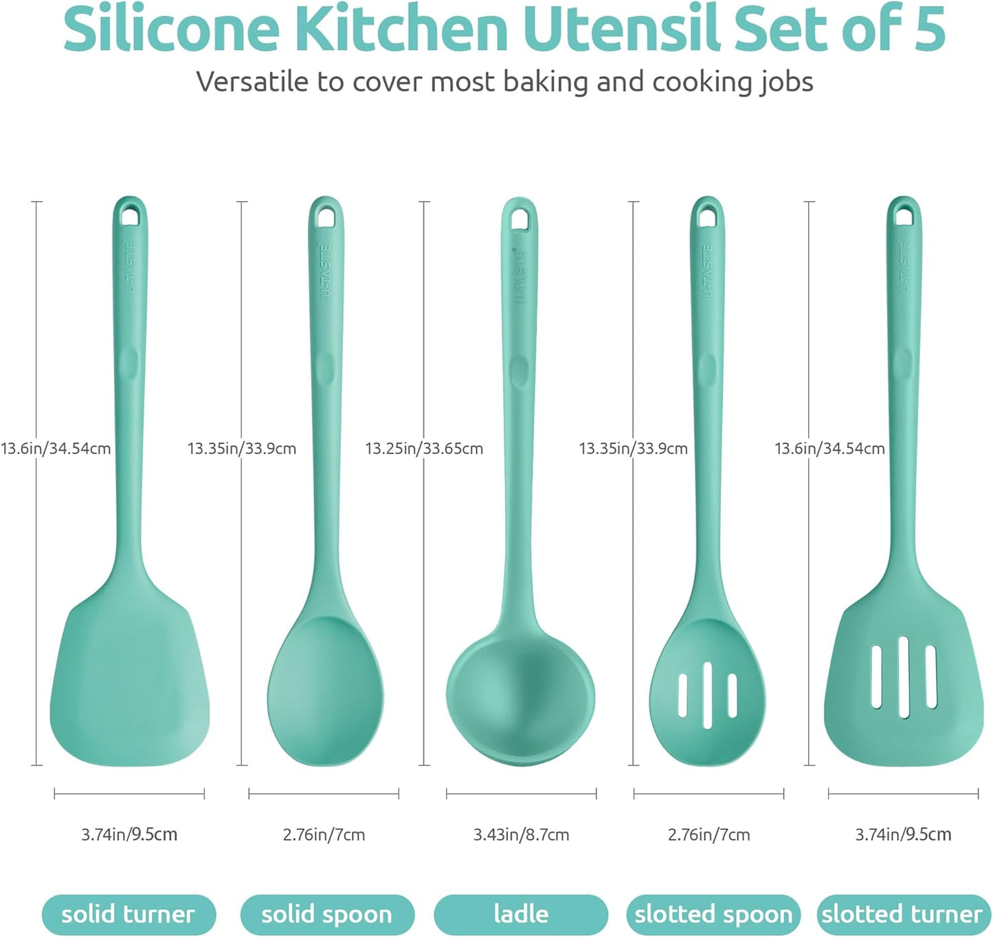 High Heat Resistant Kitchen Utensil:  13.6" Silicone Cooking Tools Gadgets Set, BPA Free Non Stick Solid and Slotted Turner Spatula, Mixing Spoon, and Soup Ladle (5 Pieces, Aqua Sky)