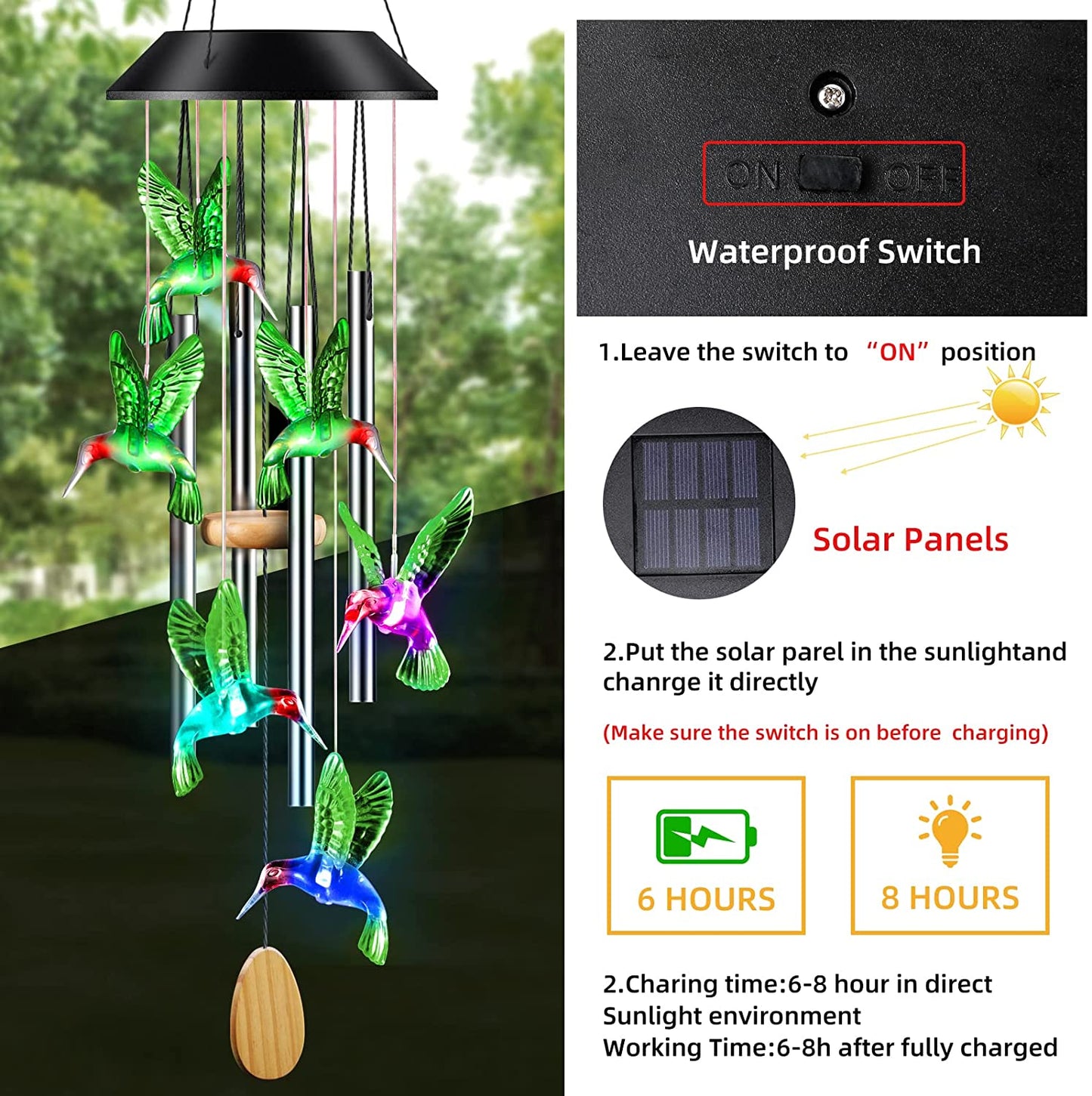 Desgully Wind Chimes,Hummingbird Solar Wind Chimes for Outside,Aluminum Tubes Memorial Wind Bell for Garden/Patio Decor Thanksgiving Gifts for Mom, Wife, Grandma Neighbors(25 Inch Deep Tone)