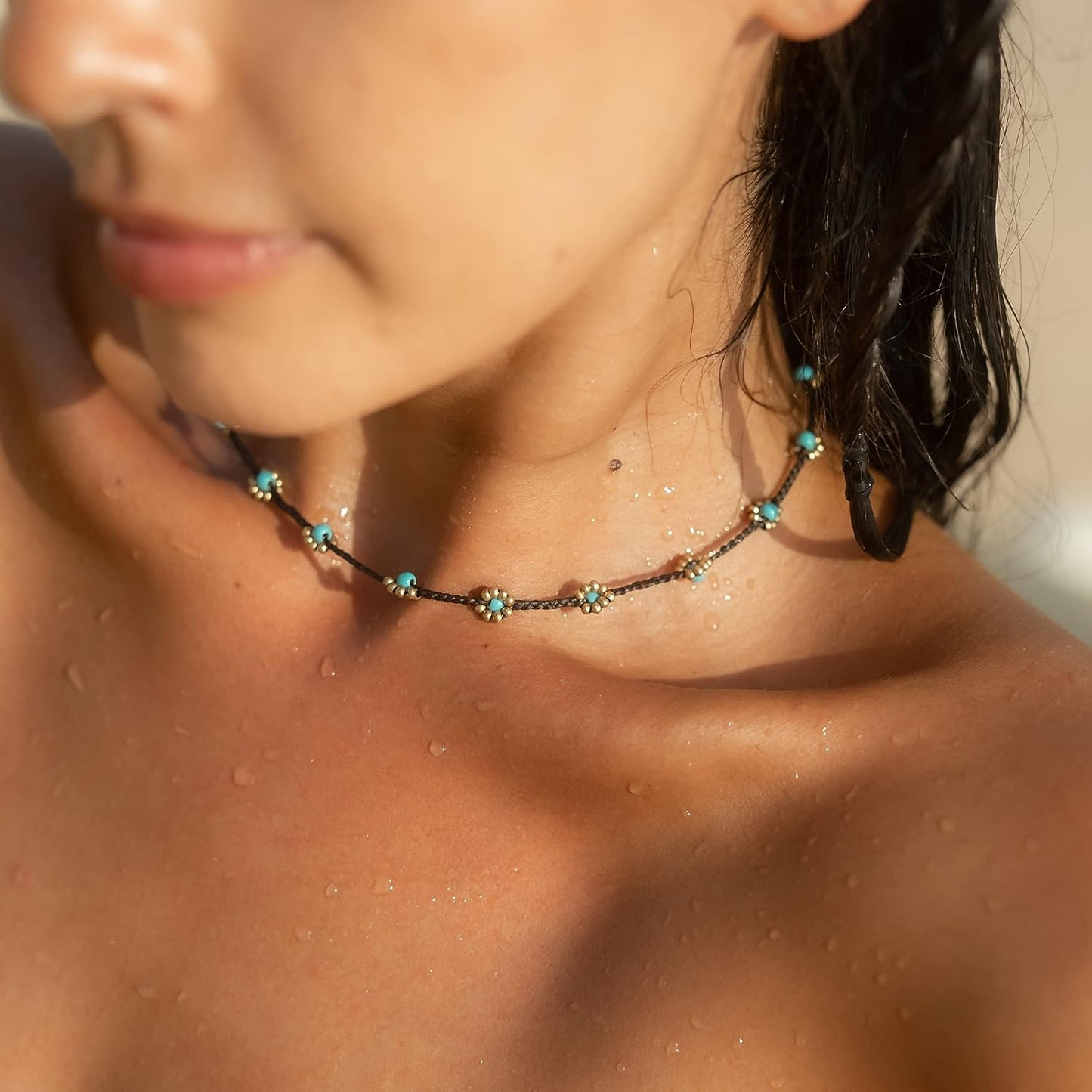 Surfer Necklace with Beads • Boho Choker Necklace Chain • Women & Girls • Handmade Beach Summer Jewelry • Goa Hippie Oriental Necklace • Adjustable & Waterproof (Turquoise Beads)