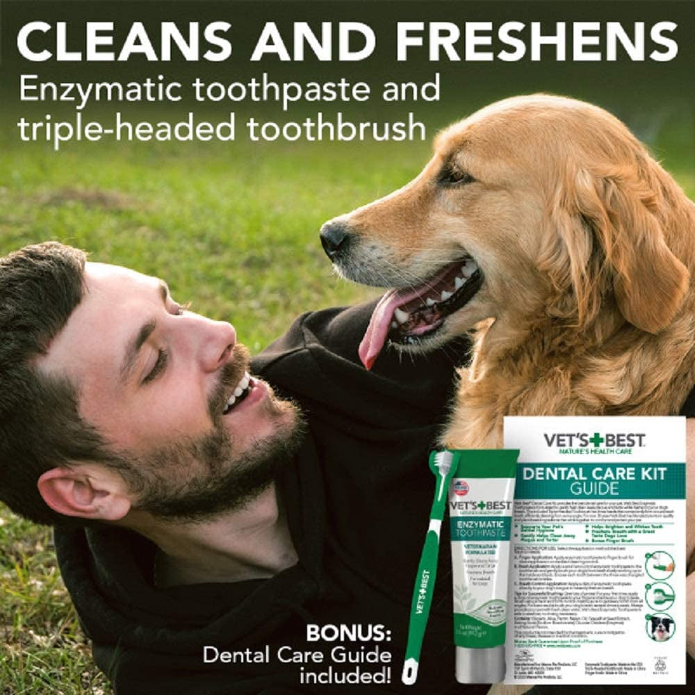 Vet’S Best Dog Toothbrush and Enzymatic Toothpaste Set | Teeth Cleaning and Fresh Breath Kit with Dental Care Guide | Vet Formulated