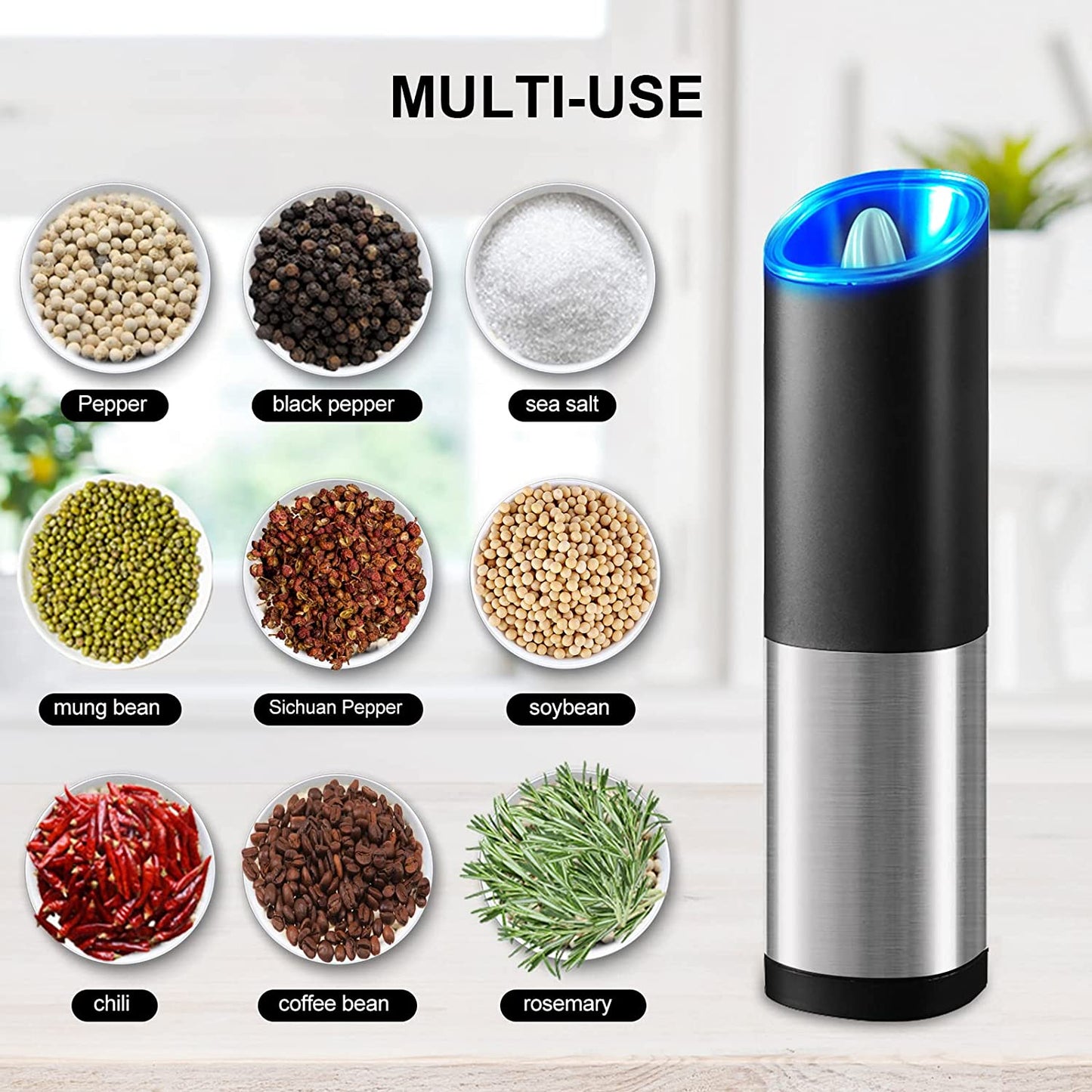 Electric Salt and Pepper Grinder-Gravity Automatic Spice Mill Set-Battery Powered W/ LED Light, Adjustable Coarseness, One Hand Operated Smart Kitchen Gadgets, Stainless Steel, 2 Pack