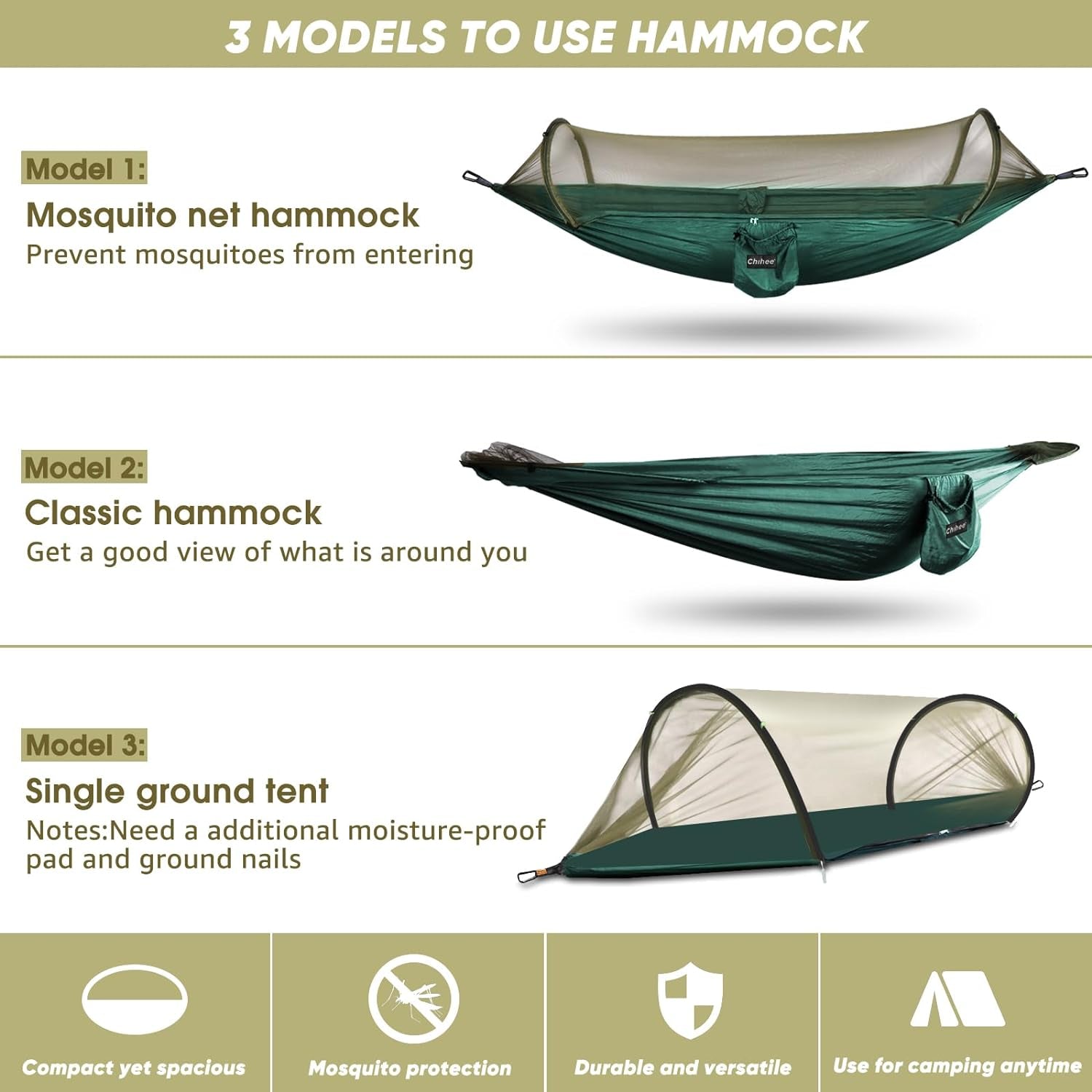 Chihee Ultra-Light Travel Camping Hammock Mosquito Net Hammock| 300Kg Load Capacity,Breathable,Quick-Drying Parachute Nylon | 2 Premium Carabiners,2 Nylon Slings Included