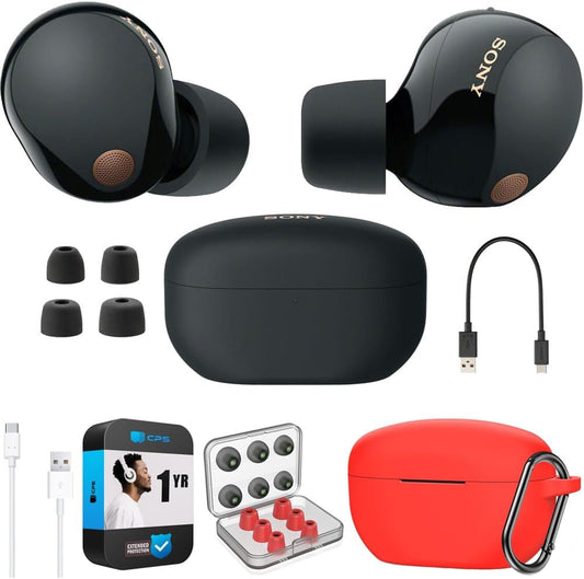 Sony WF-1000XM5 Industry Leading Noise Canceling Truly Wireless Earbuds (Black) Bundle with Silicone Case (Red), Memory Foam Ear Tips, USB-A to USB-C Cable & 1 YR CPS Enhanced Protection Pack