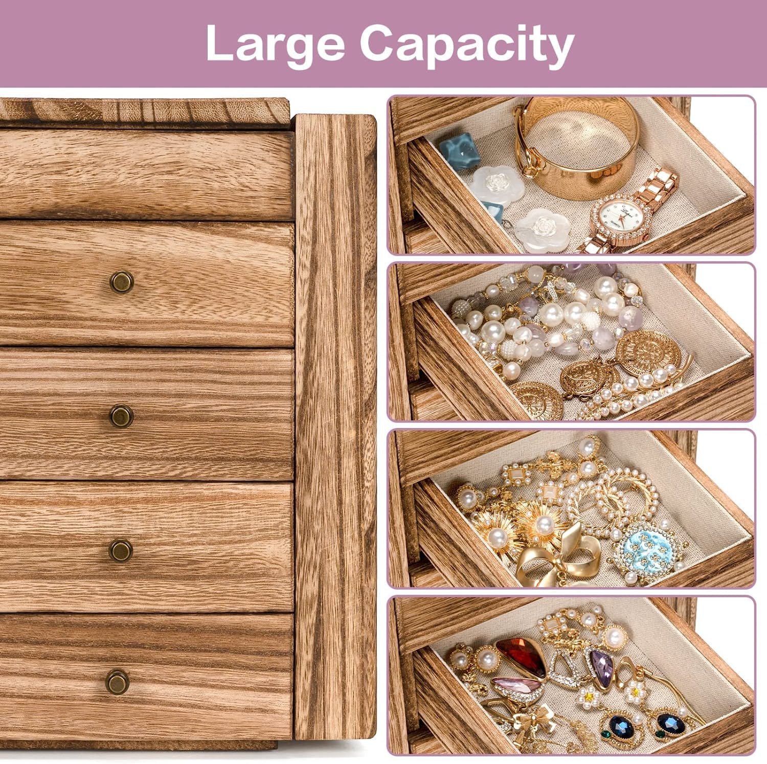 Jewelry Box Wood for Wowen, 5-Layer Large Organizer Box with Mirror & 4 Drawers for Rings, Earrings, Necklaces, Vintage Style Torched Wood